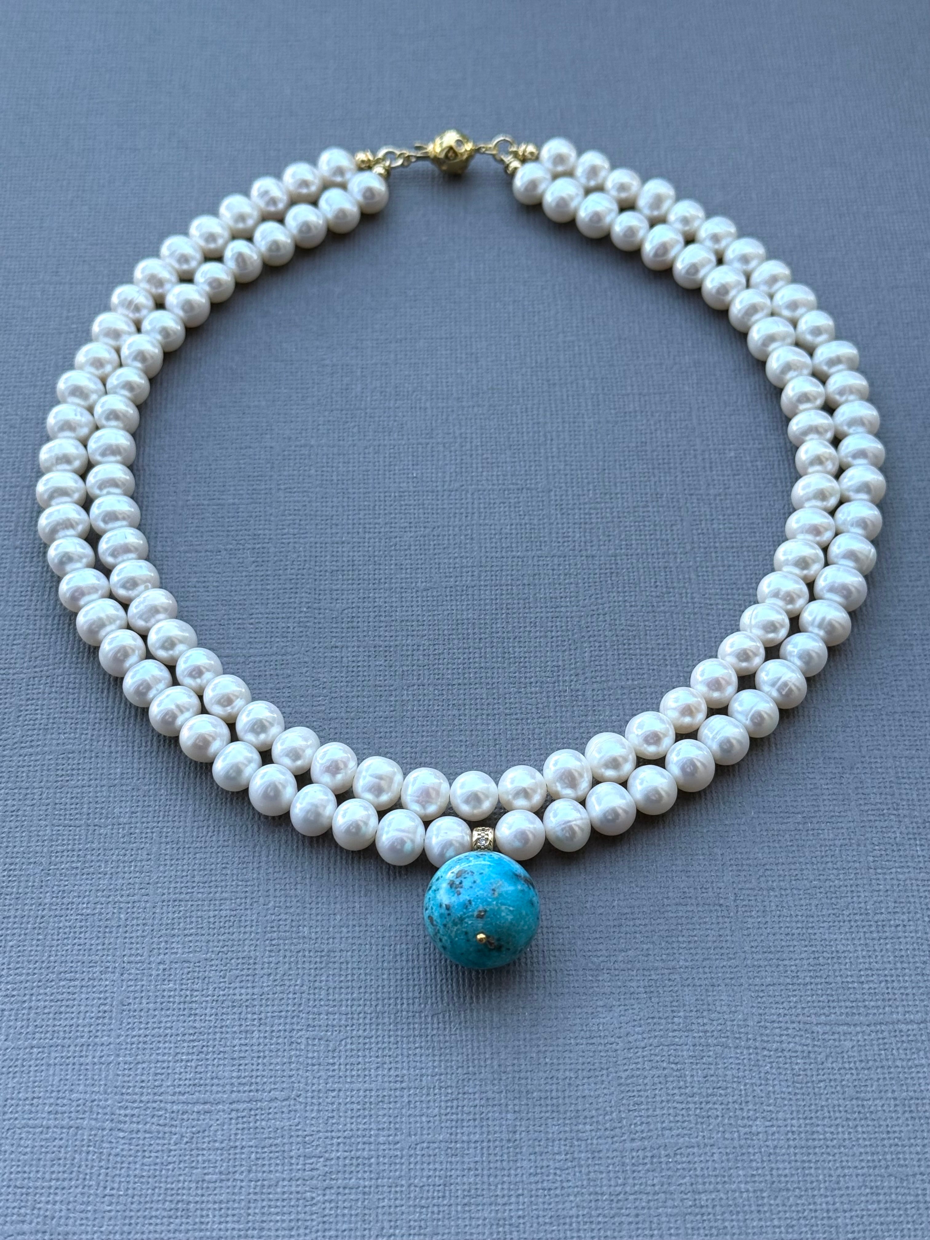 Double Pearl Strand and Turquoise Drop Necklace