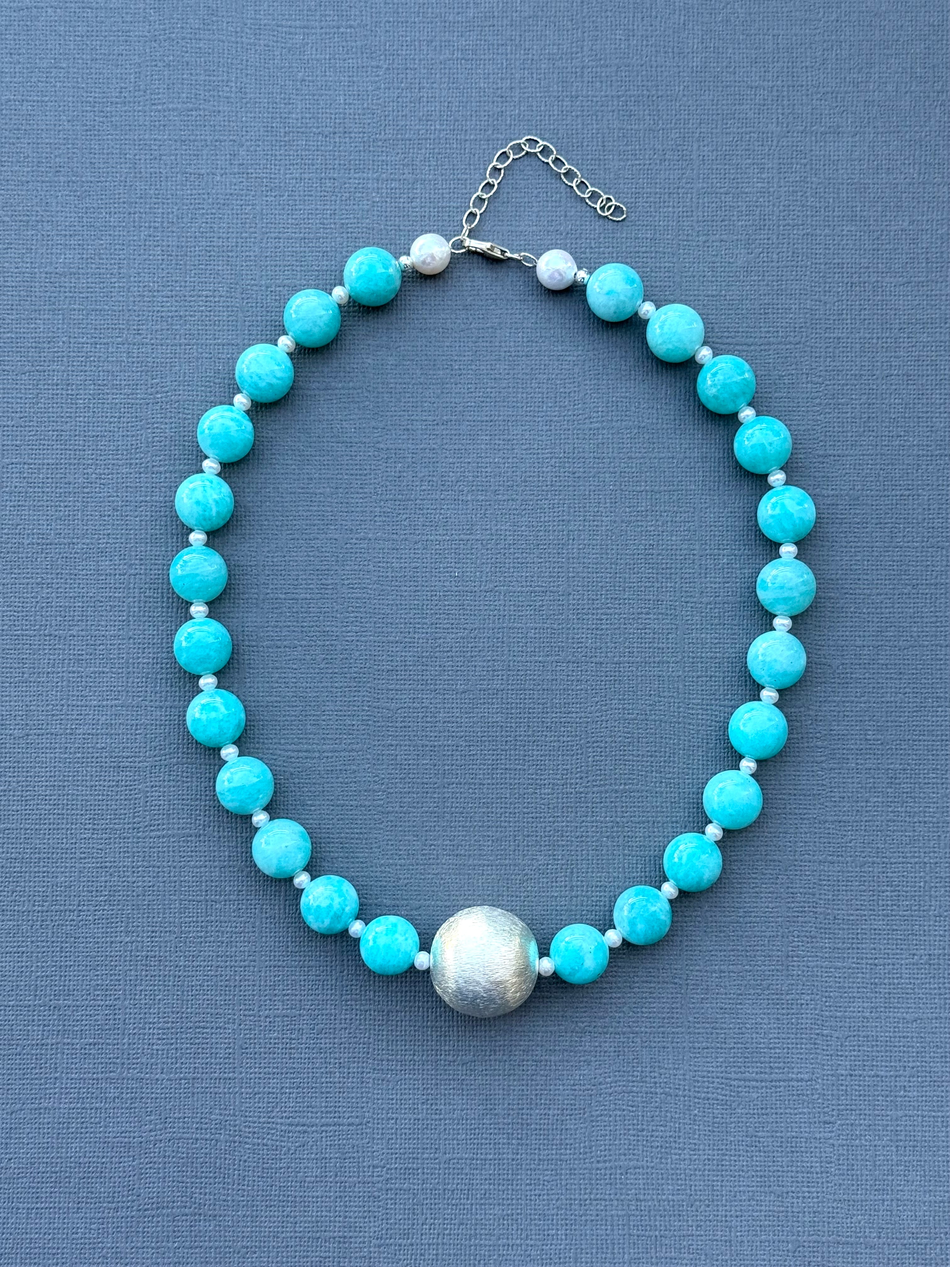 Amazonite Necklace with Silver Ball Centerpiece