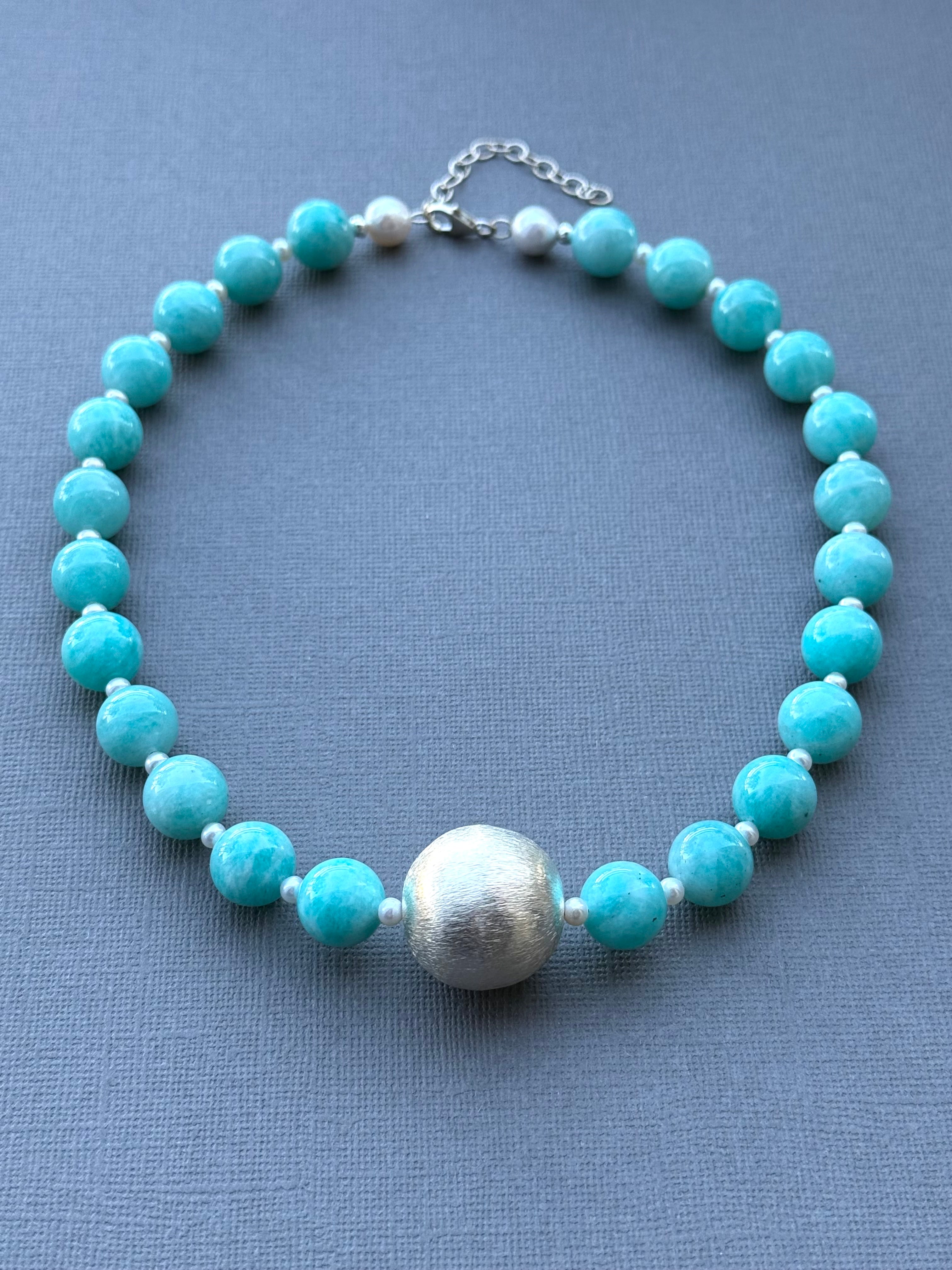 Amazonite Necklace with Silver Ball Centerpiece