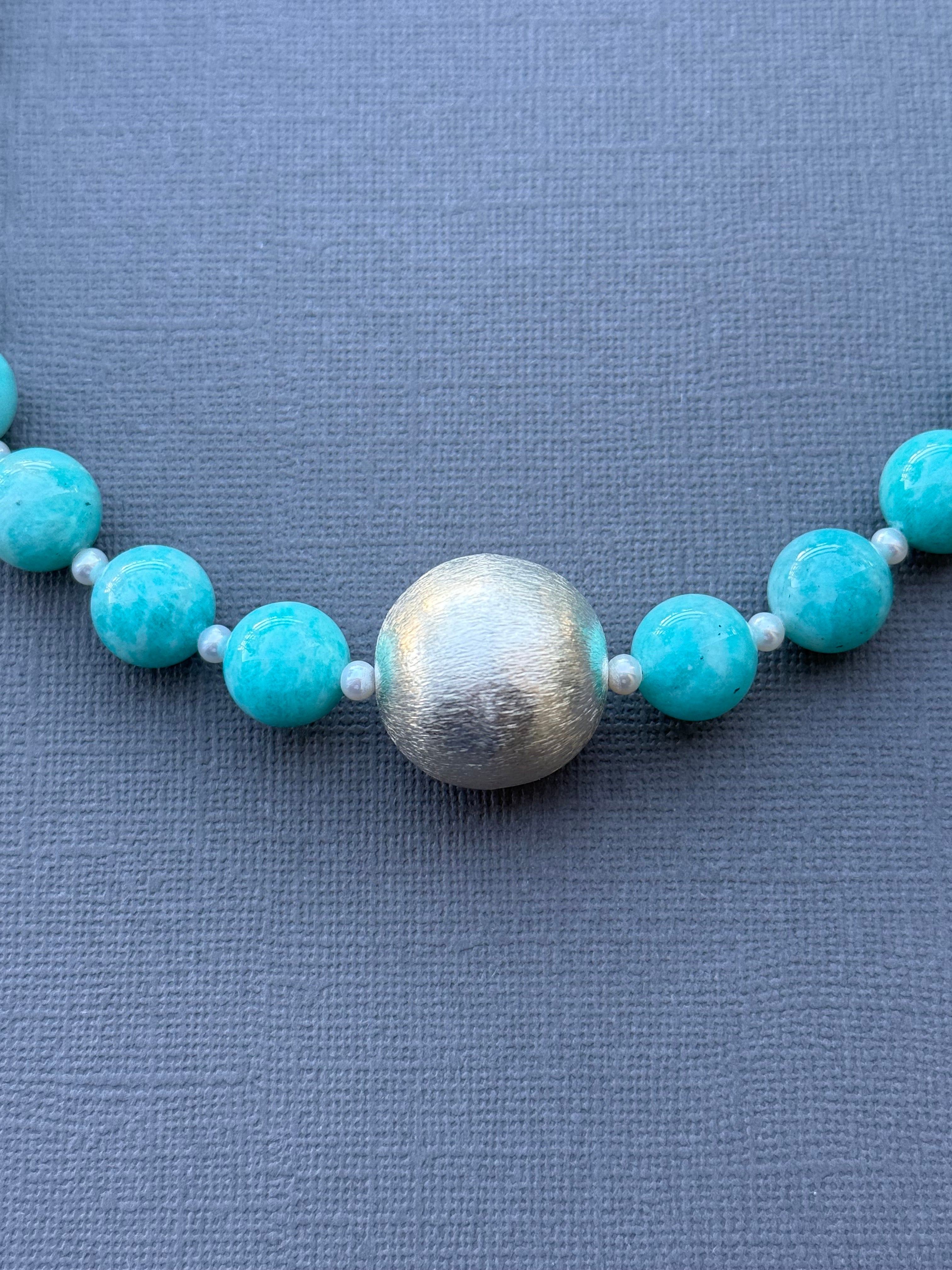 Amazonite Necklace with Silver Ball Centerpiece