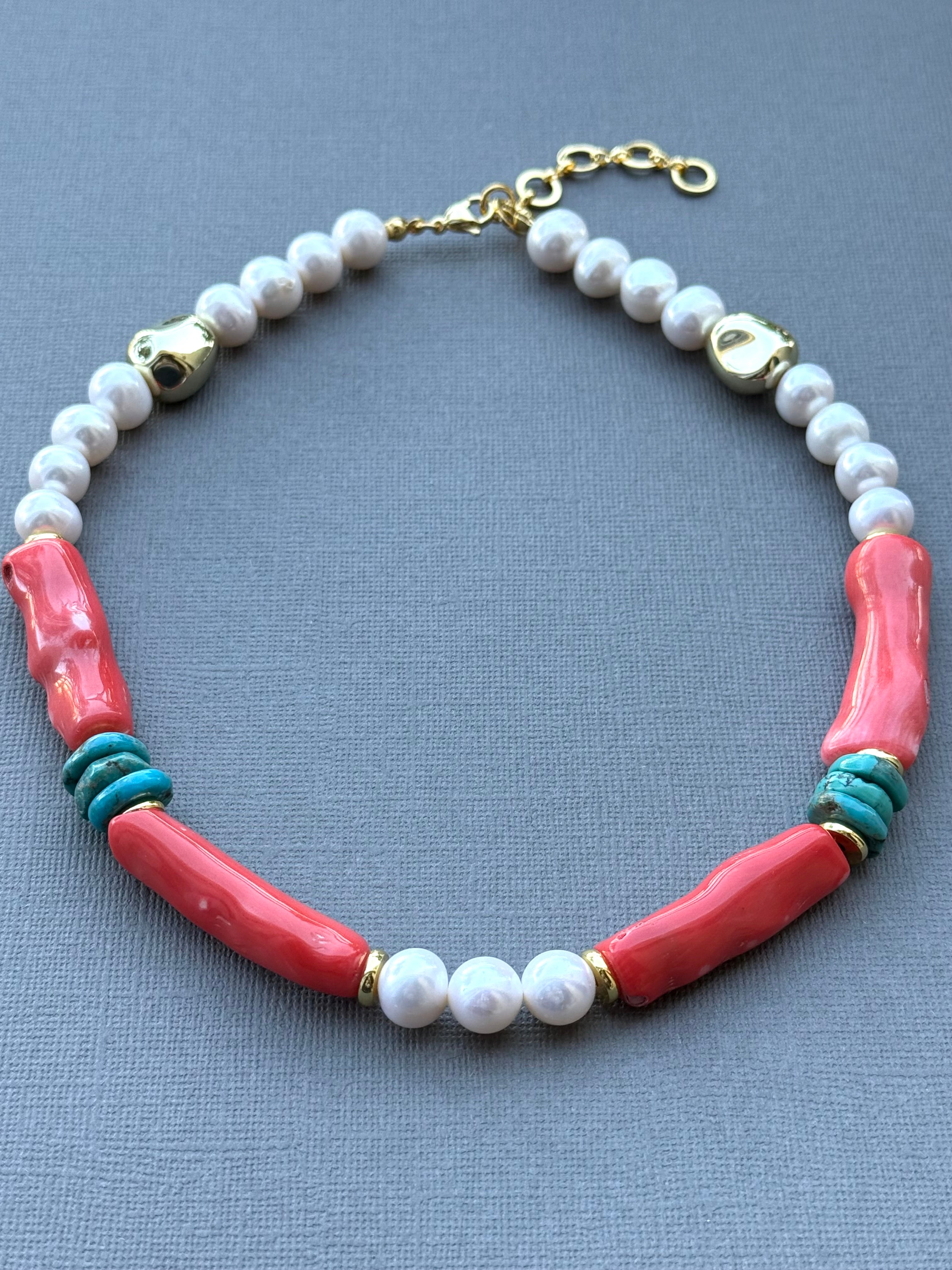 Coral, Pearls, and Turquoise Necklace