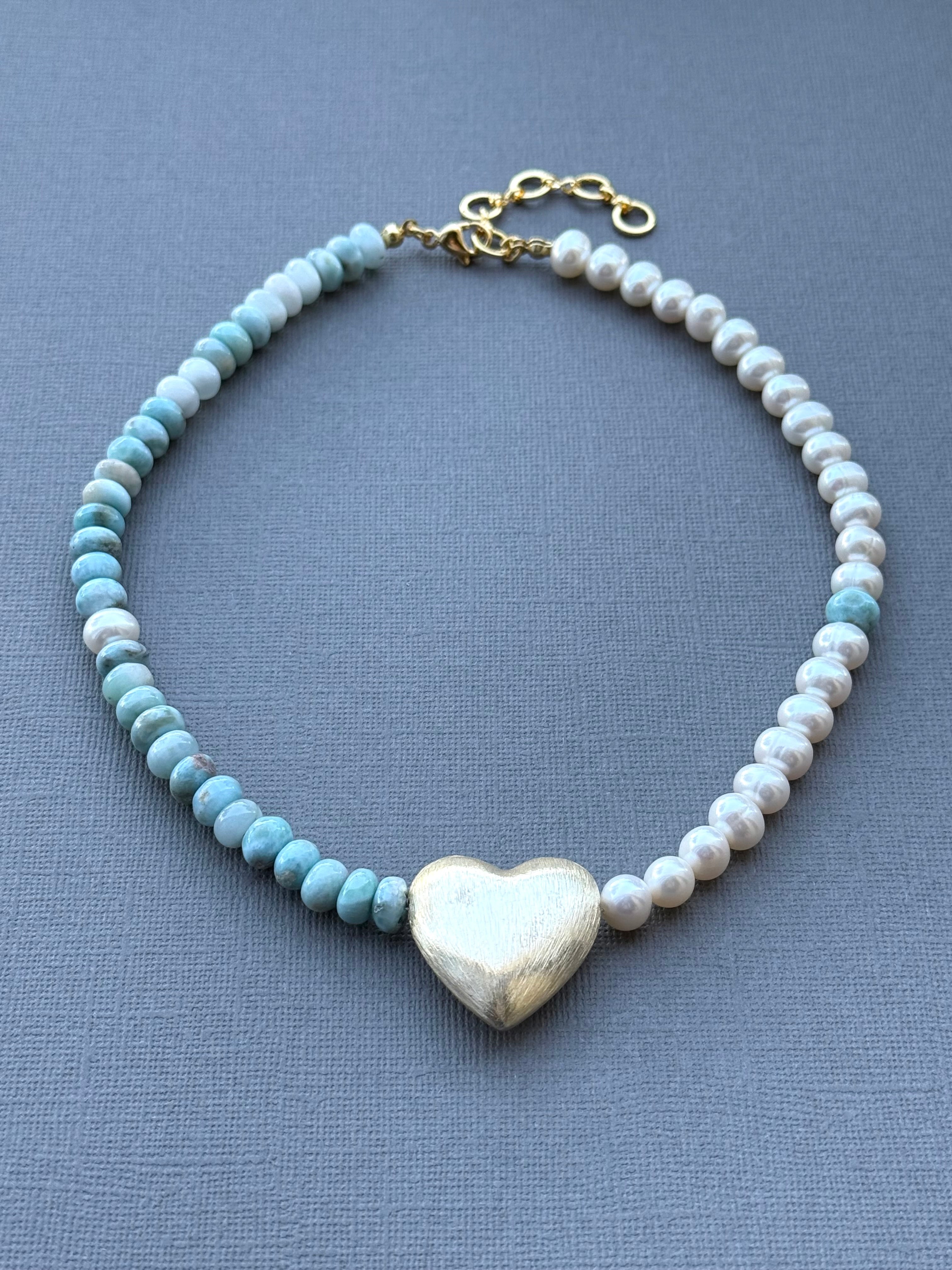 Larimar and Pearl Necklace with Heart