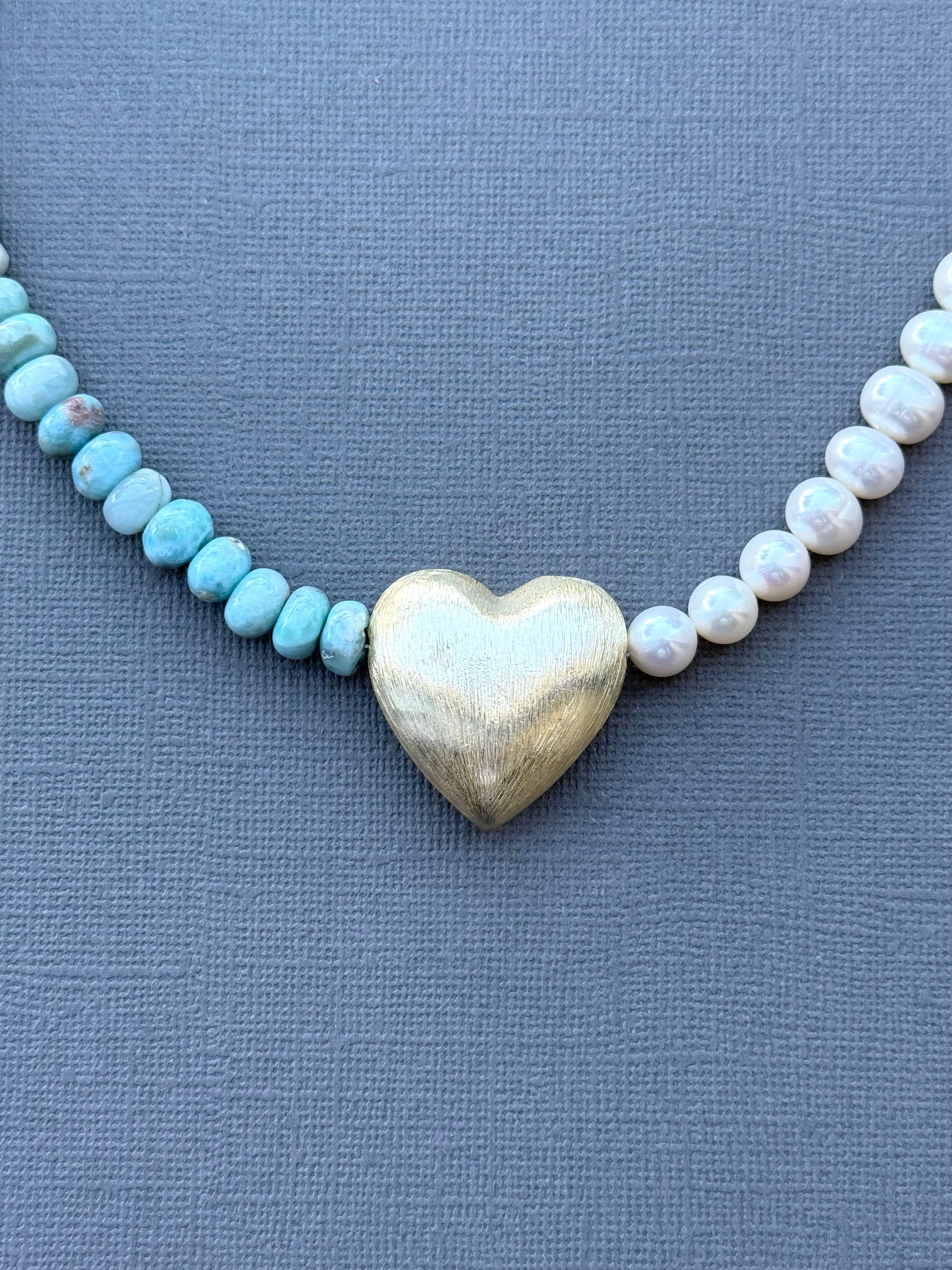 Larimar and Pearl Necklace with Heart