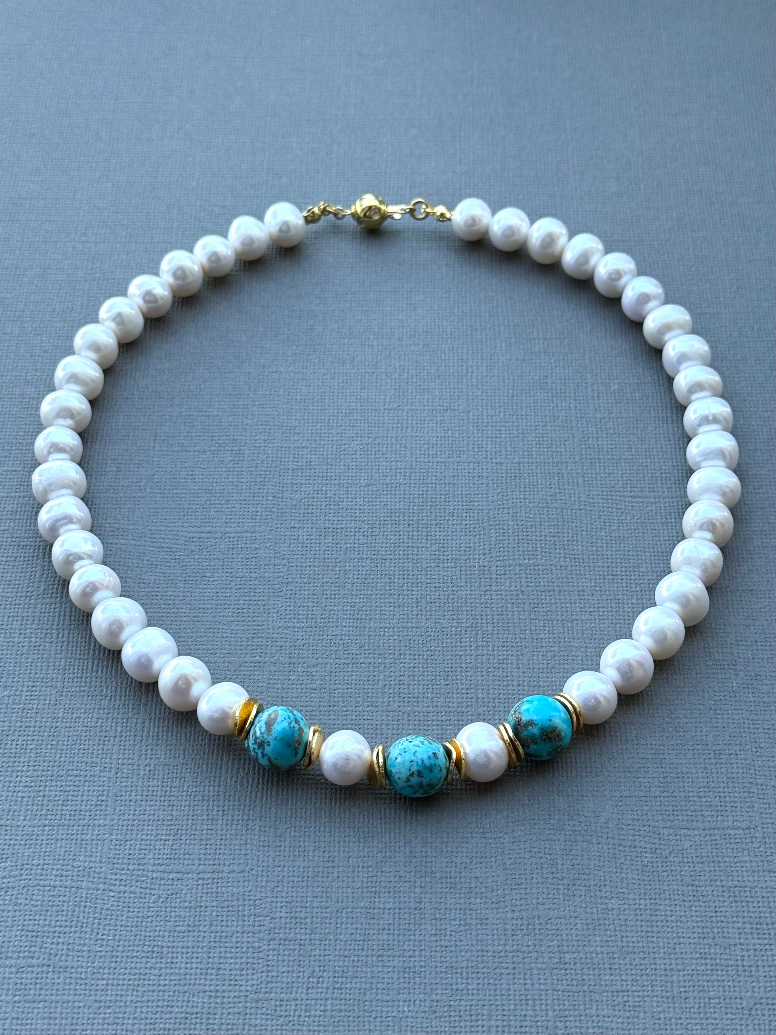 Pearl and Three Turquoise Necklace
