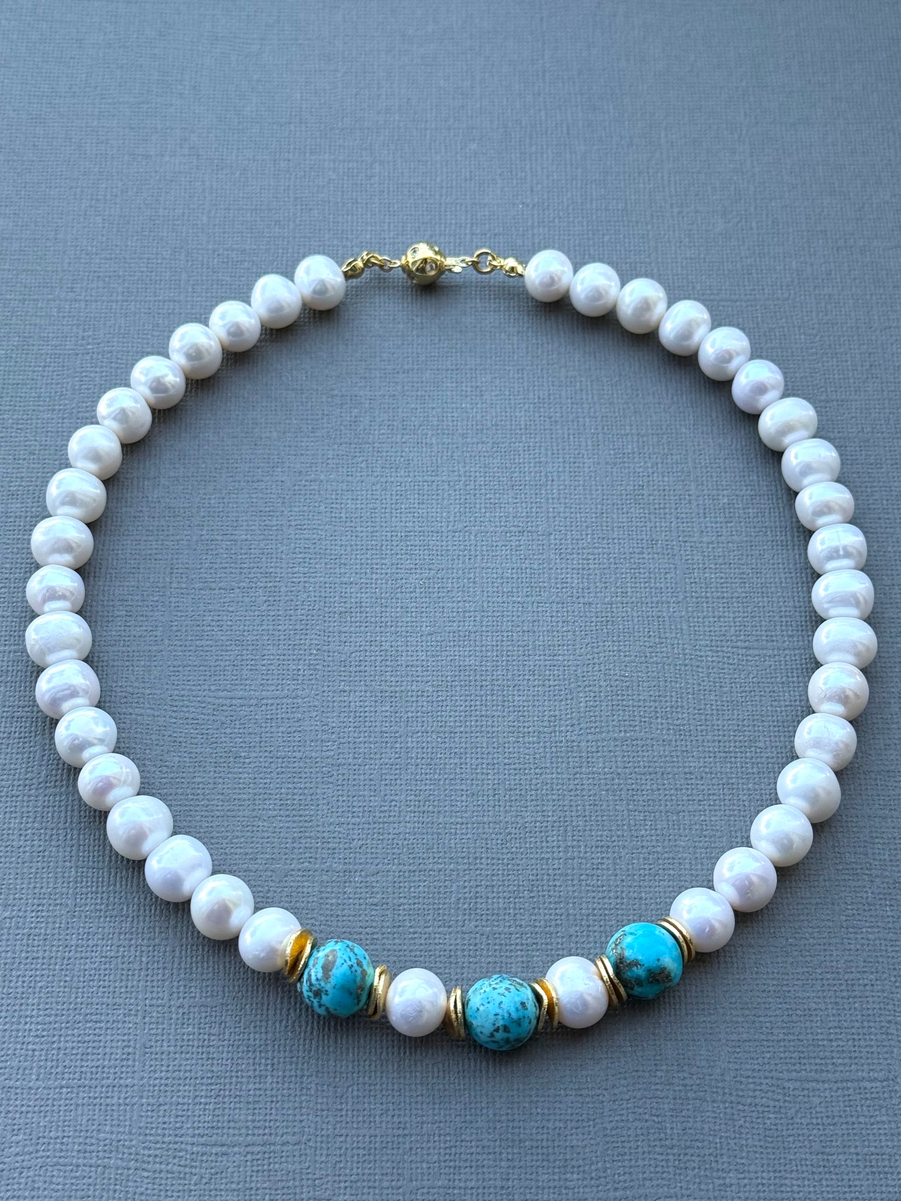 Pearl and Three Turquoise Necklace