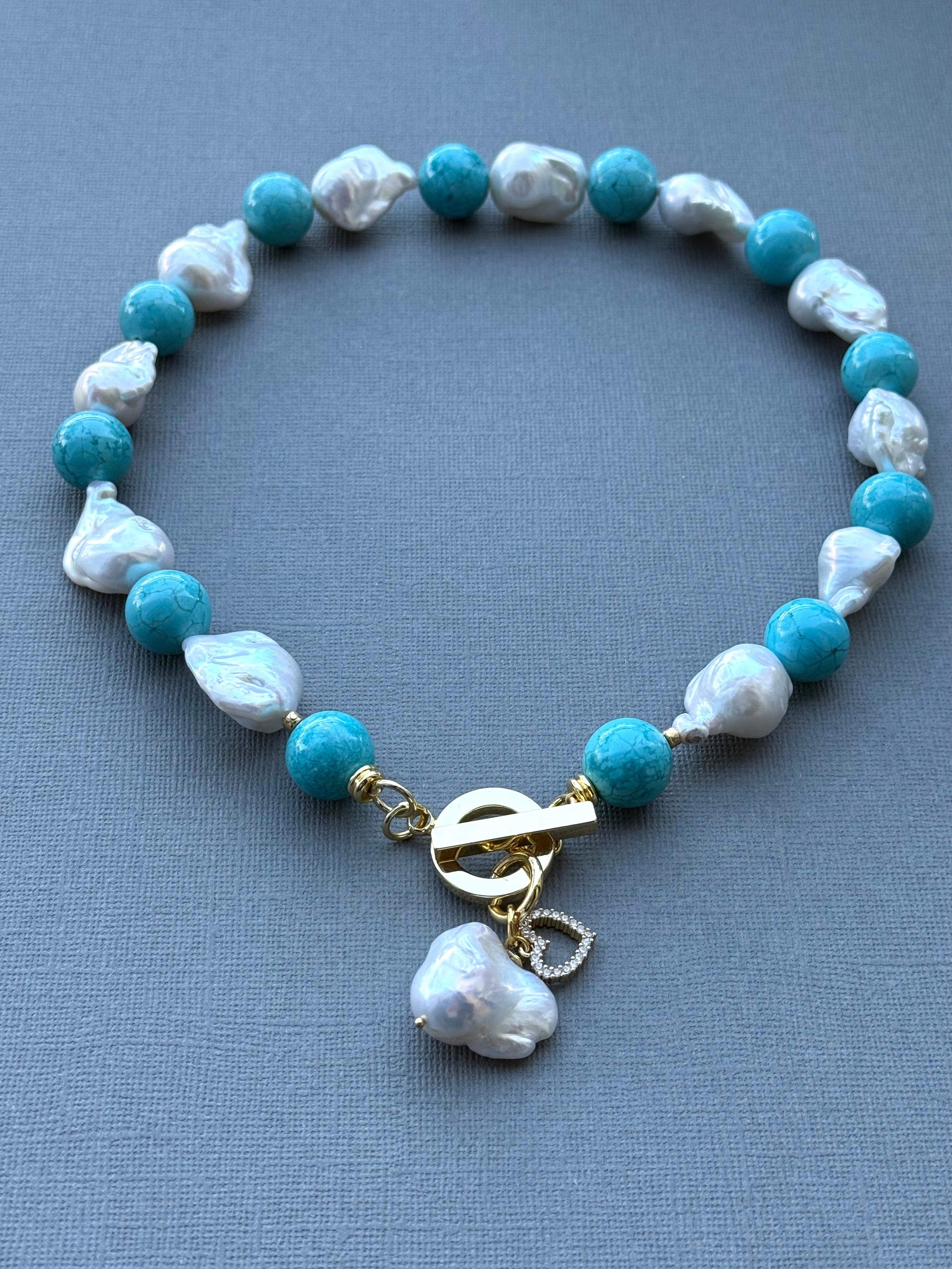 Baroque Pearl and Turquoise Necklace with a Love Drop