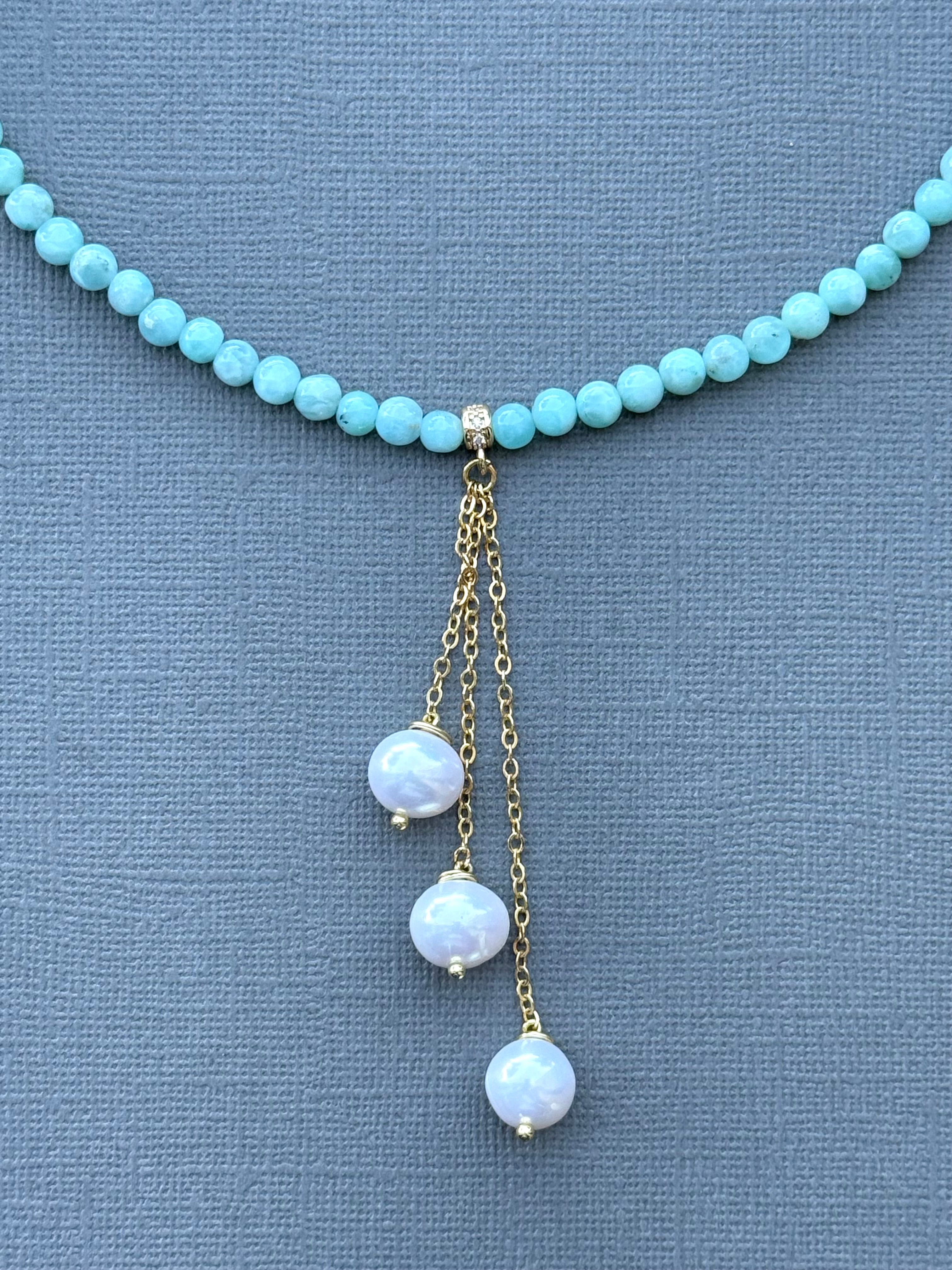 Larimar Necklace with Three Pearl Drops