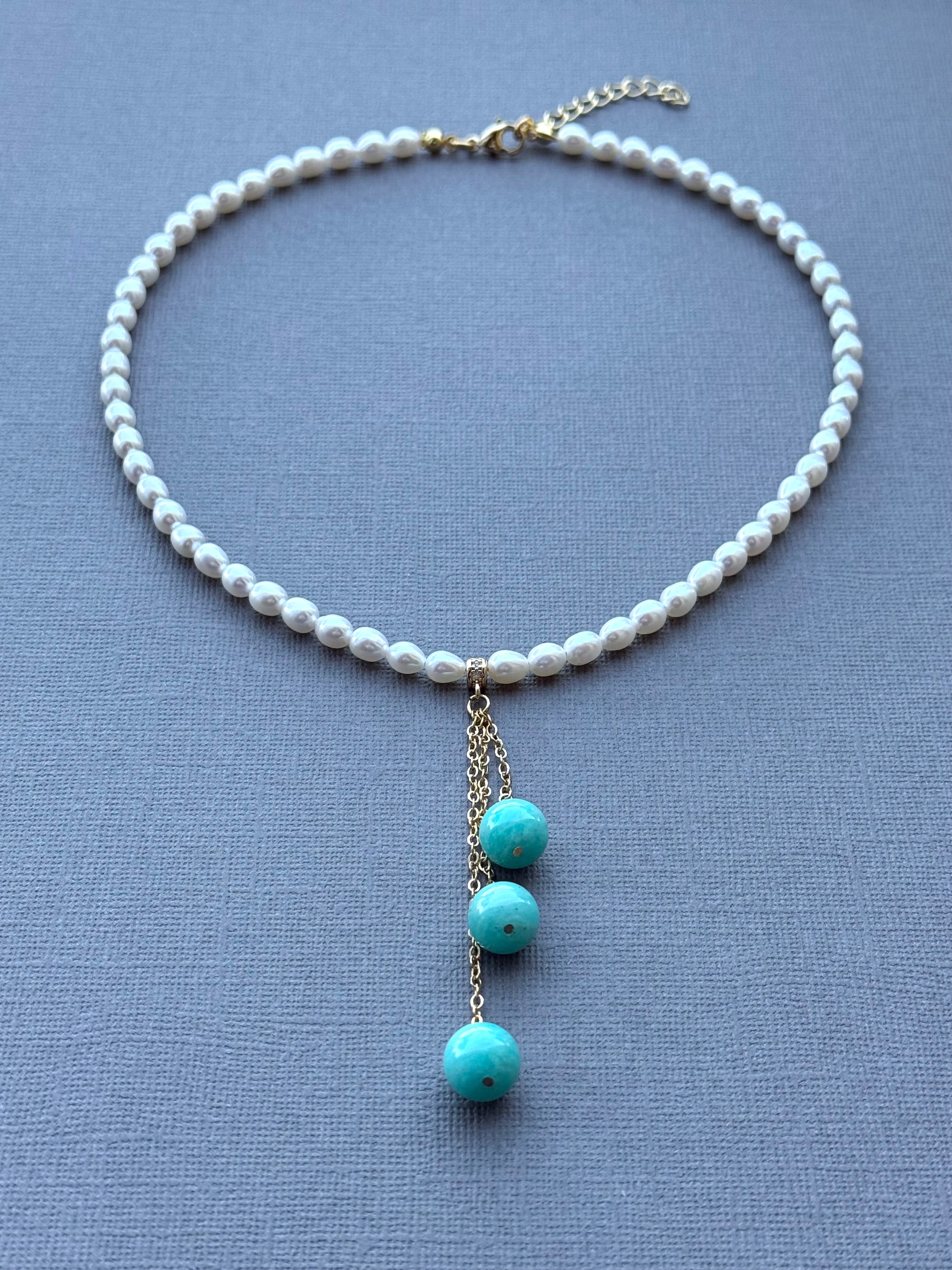 Pearl Necklace with Three Amazonite Drops