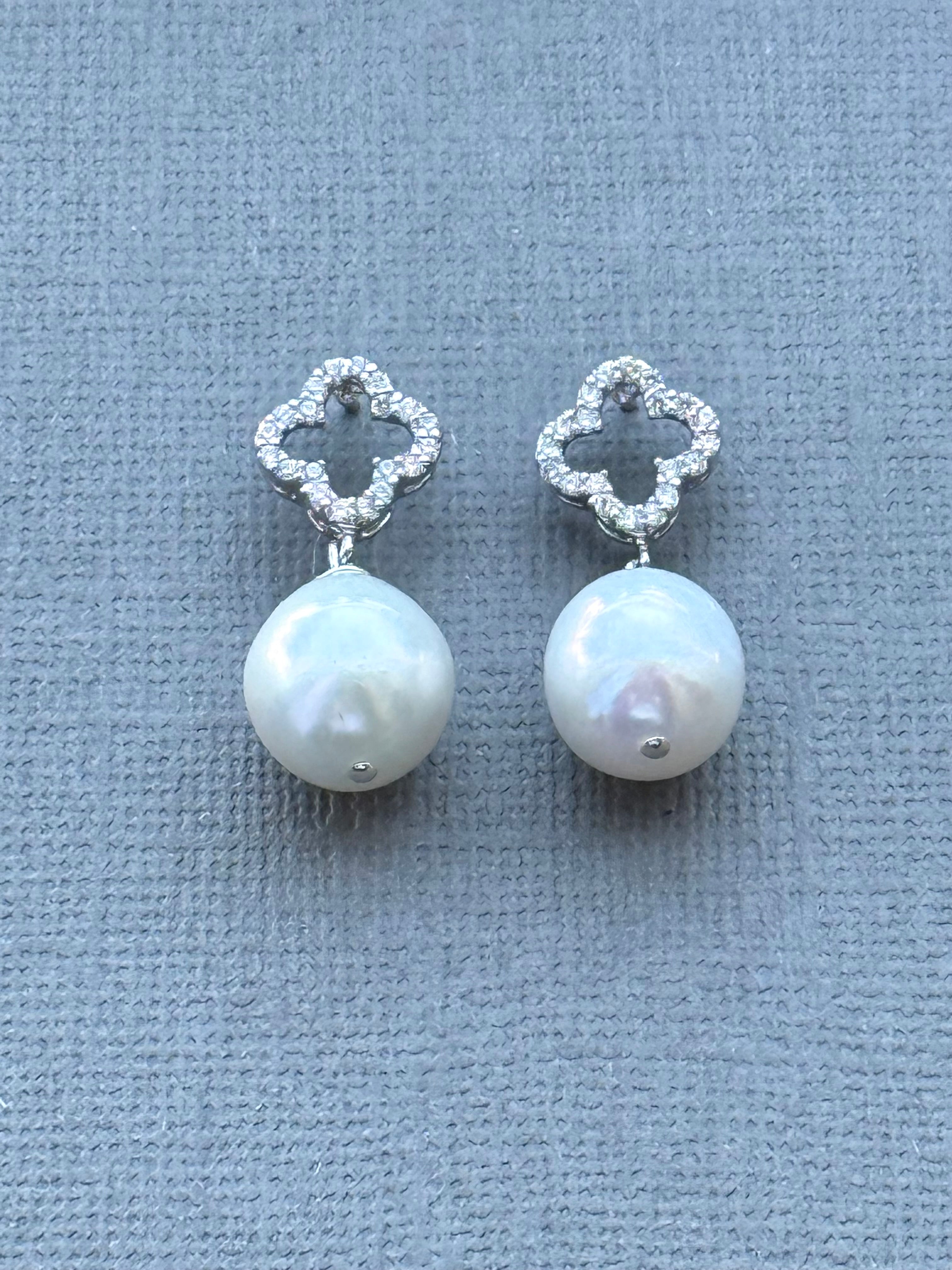 Silver Clover Pavé Earrings with Pearl Drop
