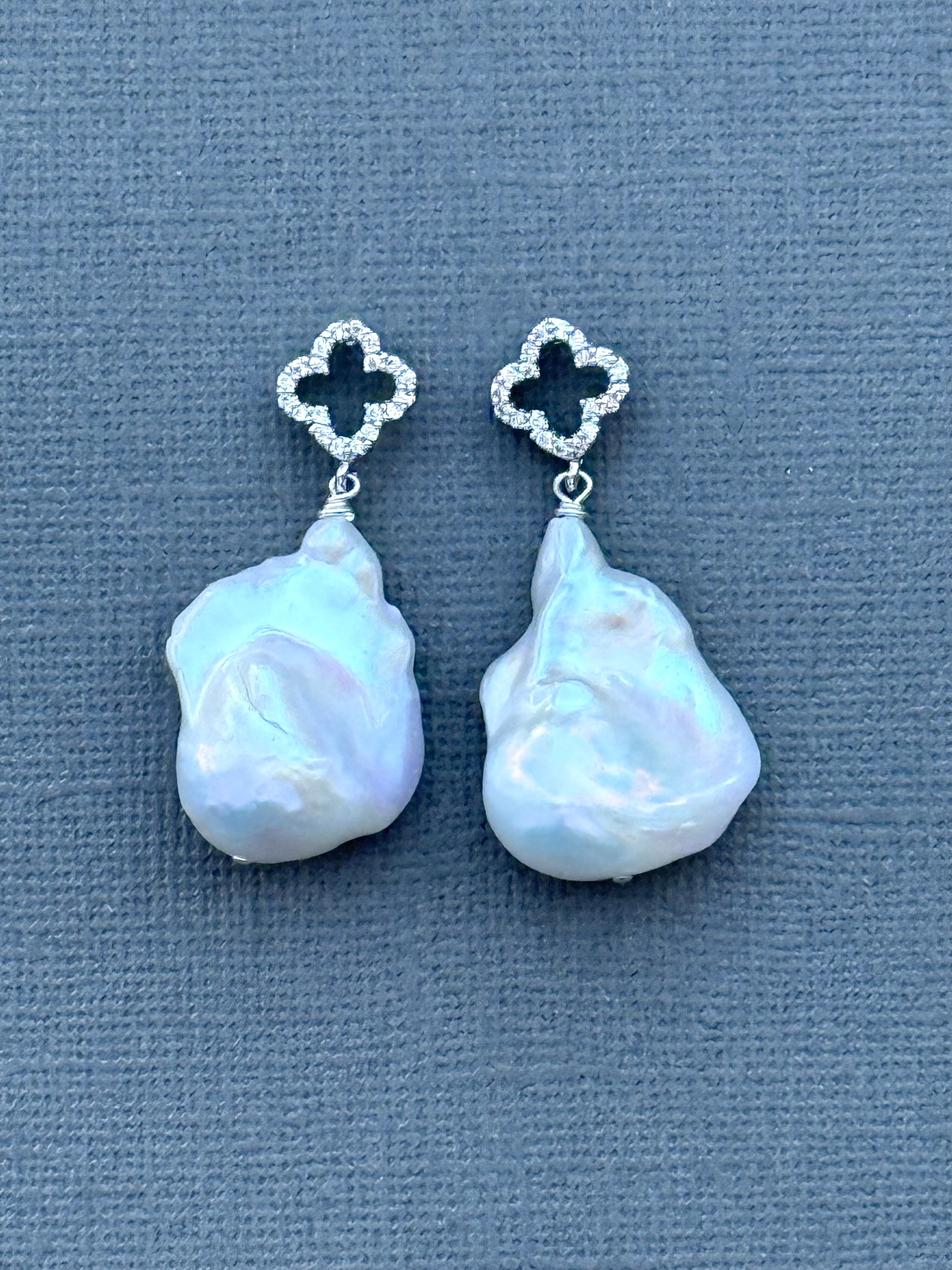 Silver Clover Baroque Pearl Earrings