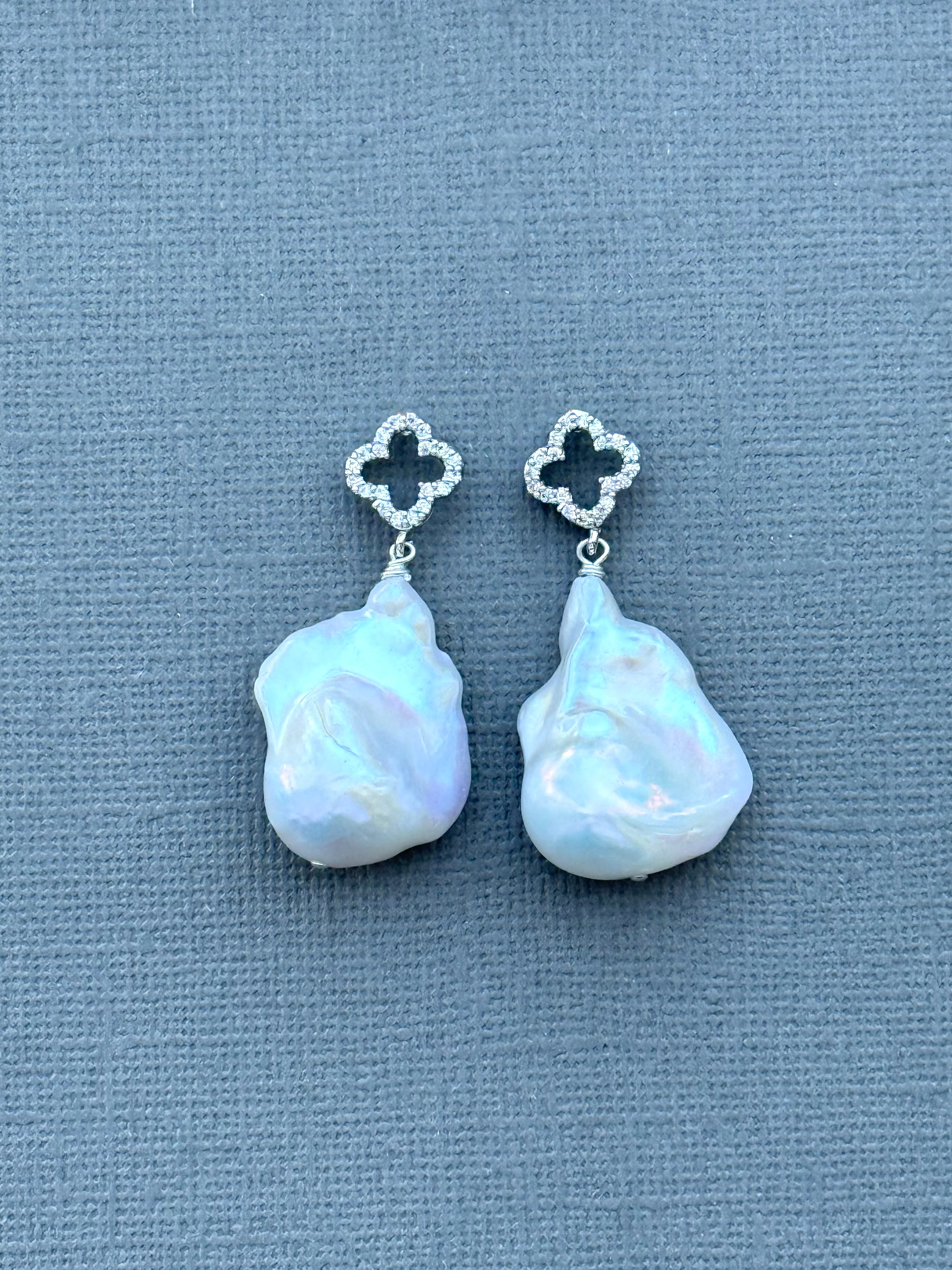 Silver Clover Baroque Pearl Earrings