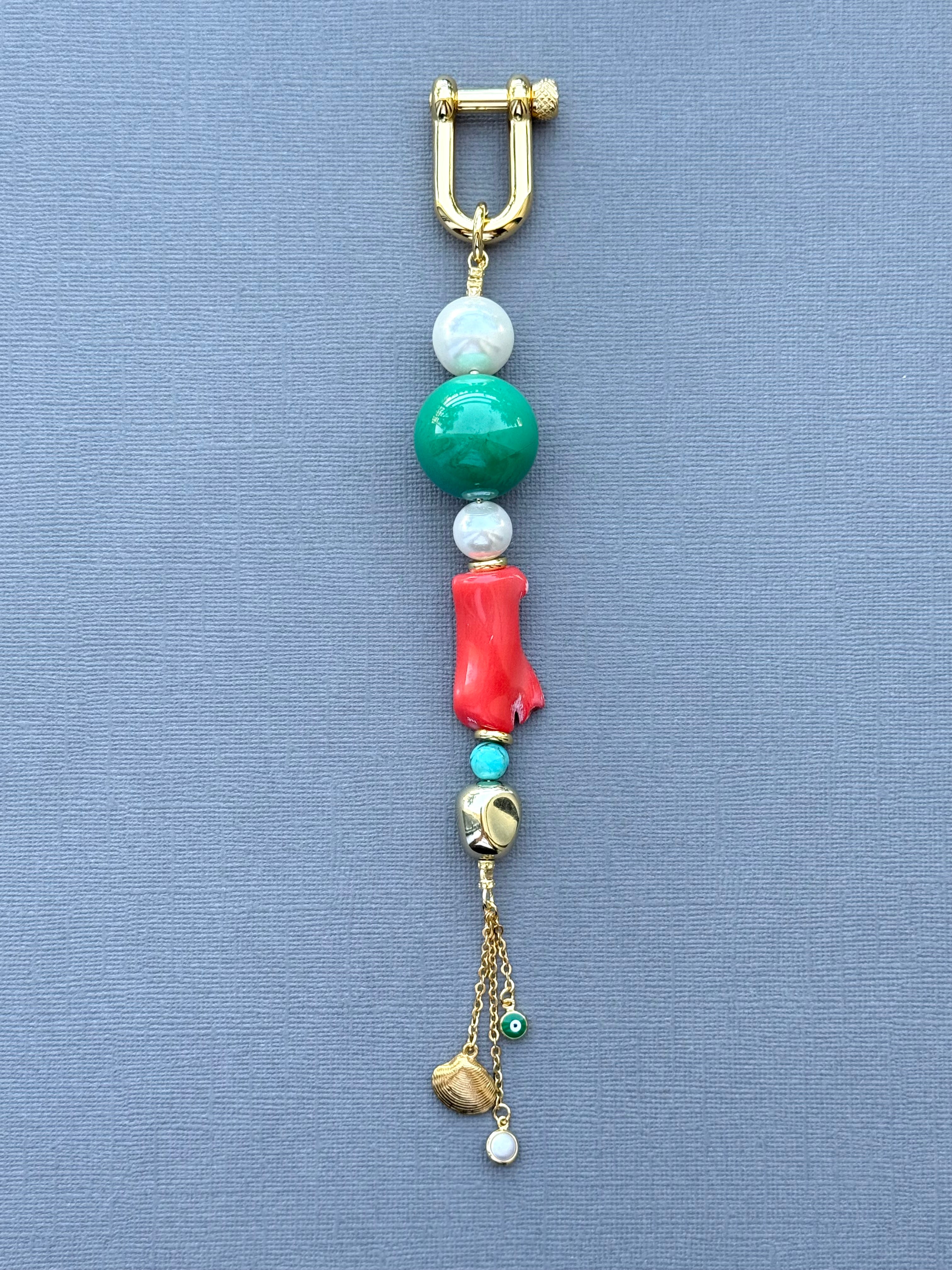Turquoise, Coral, and Pearls Bag Charm
