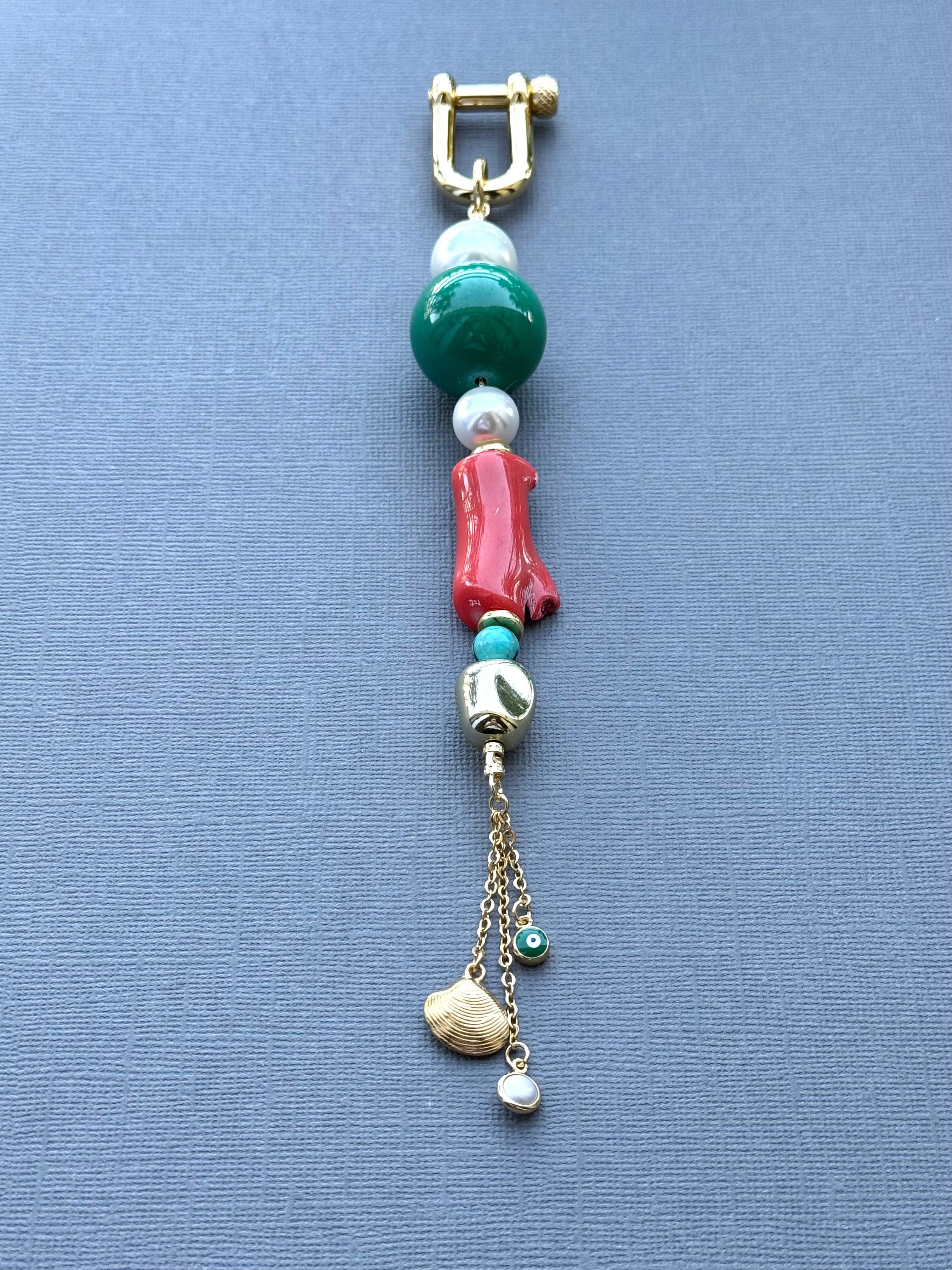 Turquoise, Coral, and Pearls Bag Charm