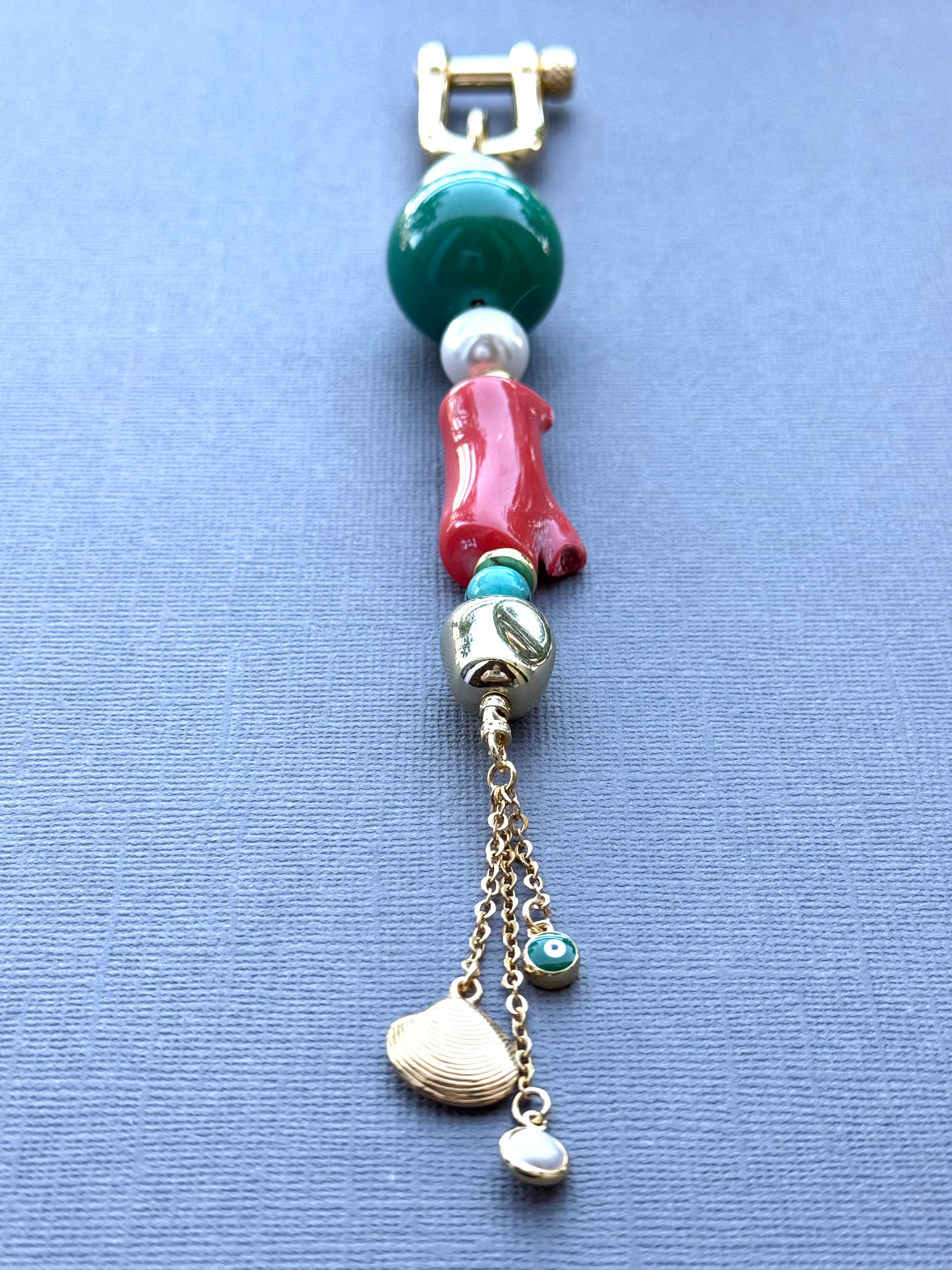 Turquoise, Coral, and Pearls Bag Charm