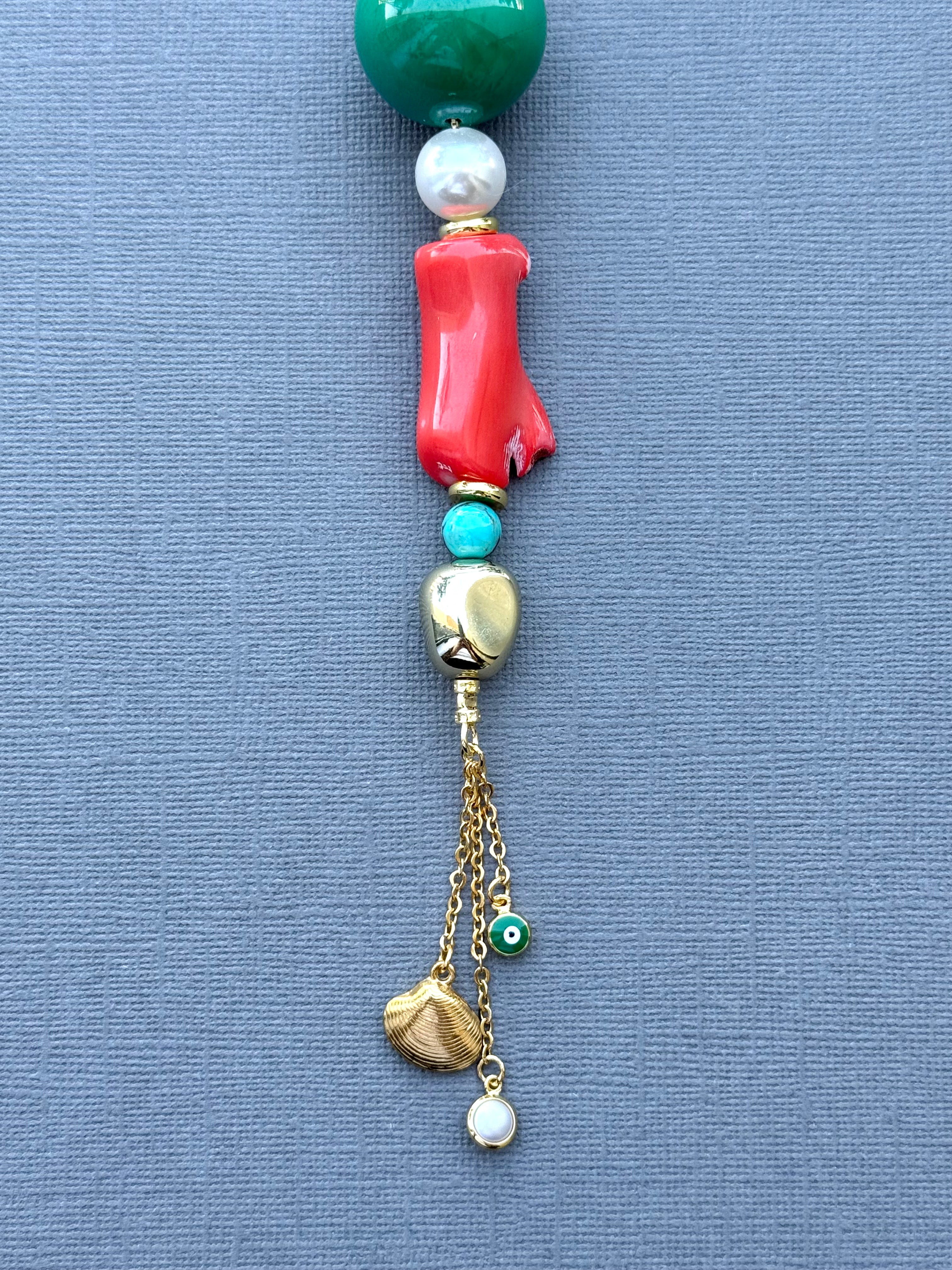 Turquoise, Coral, and Pearls Bag Charm