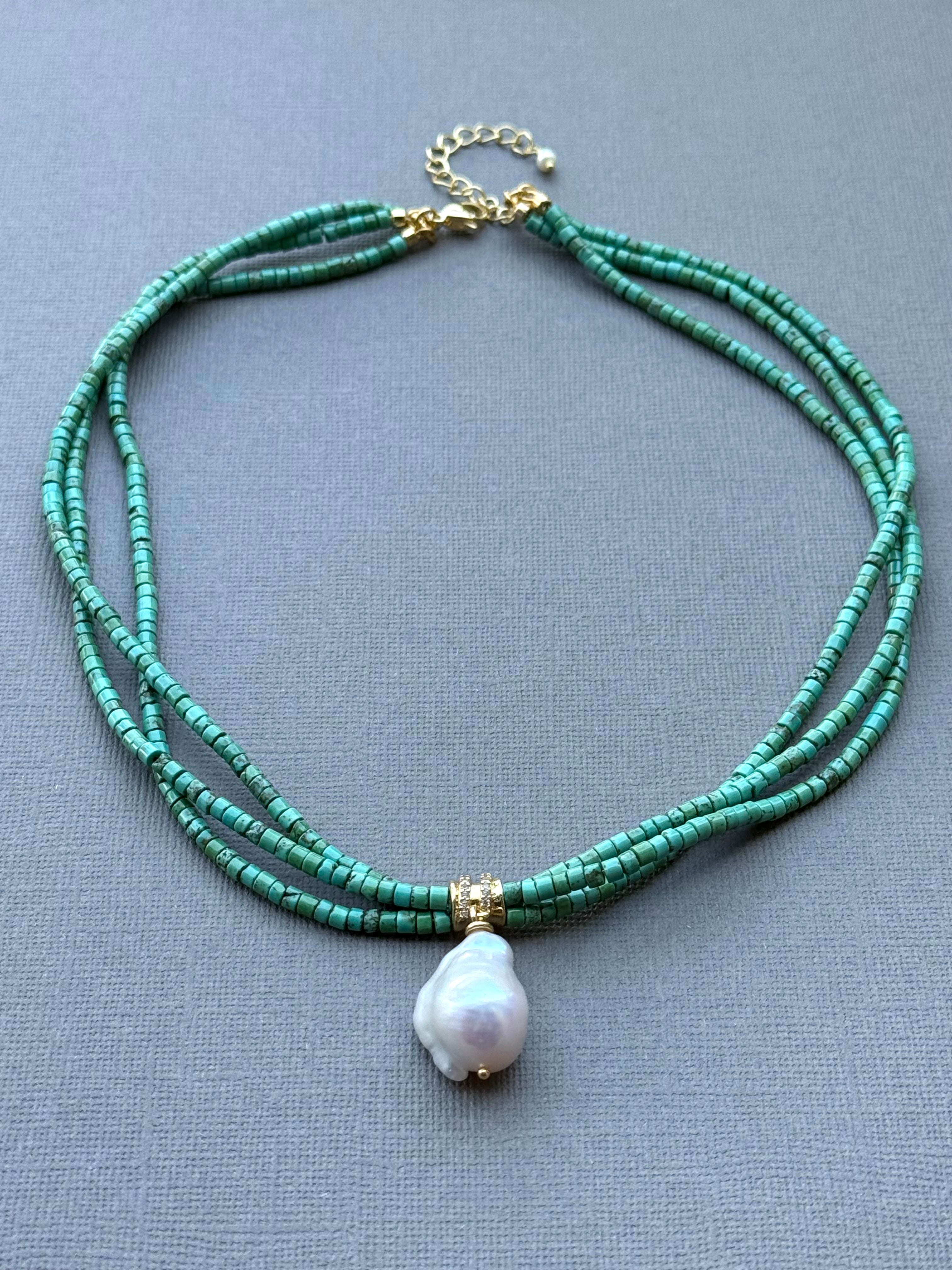 Multi-Strand Turquoise and Baroque Drop Necklace