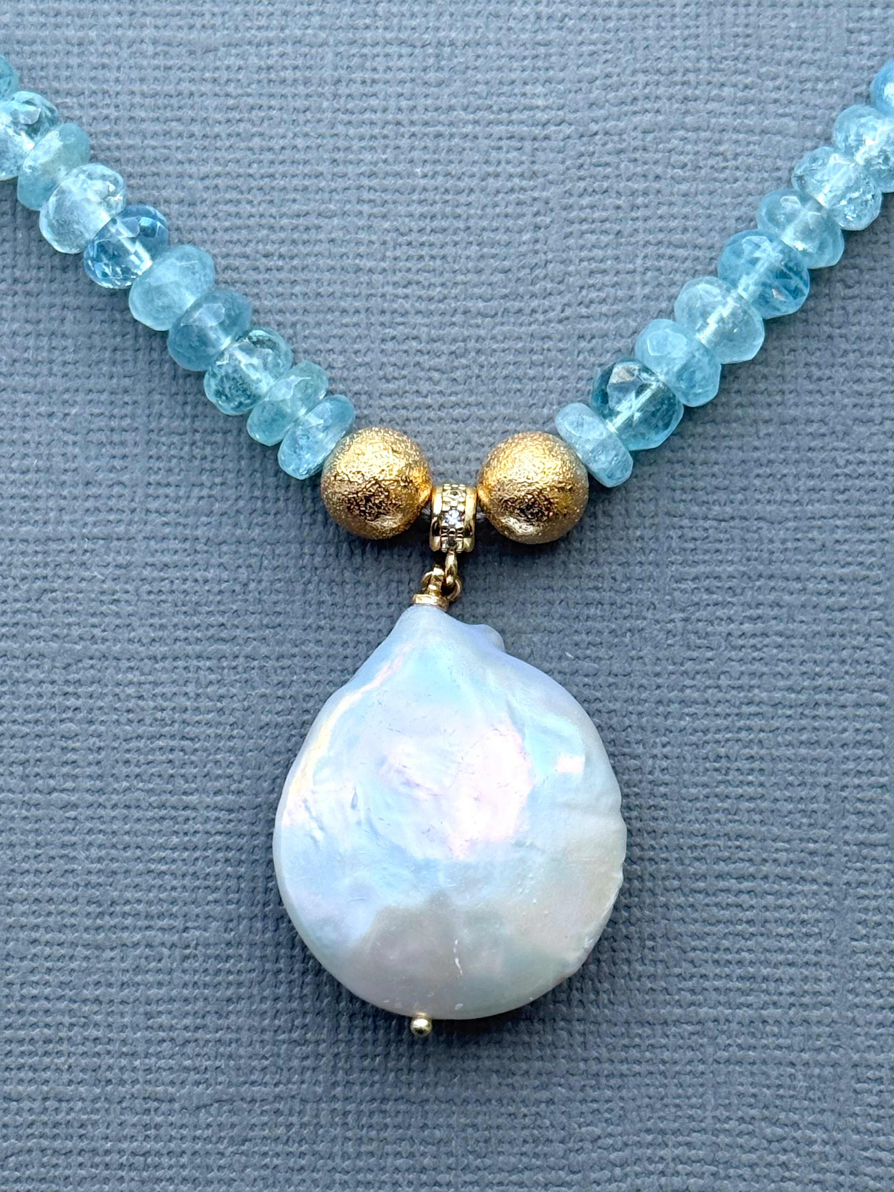 Aquamarine and Disk Pearl Drop Necklace