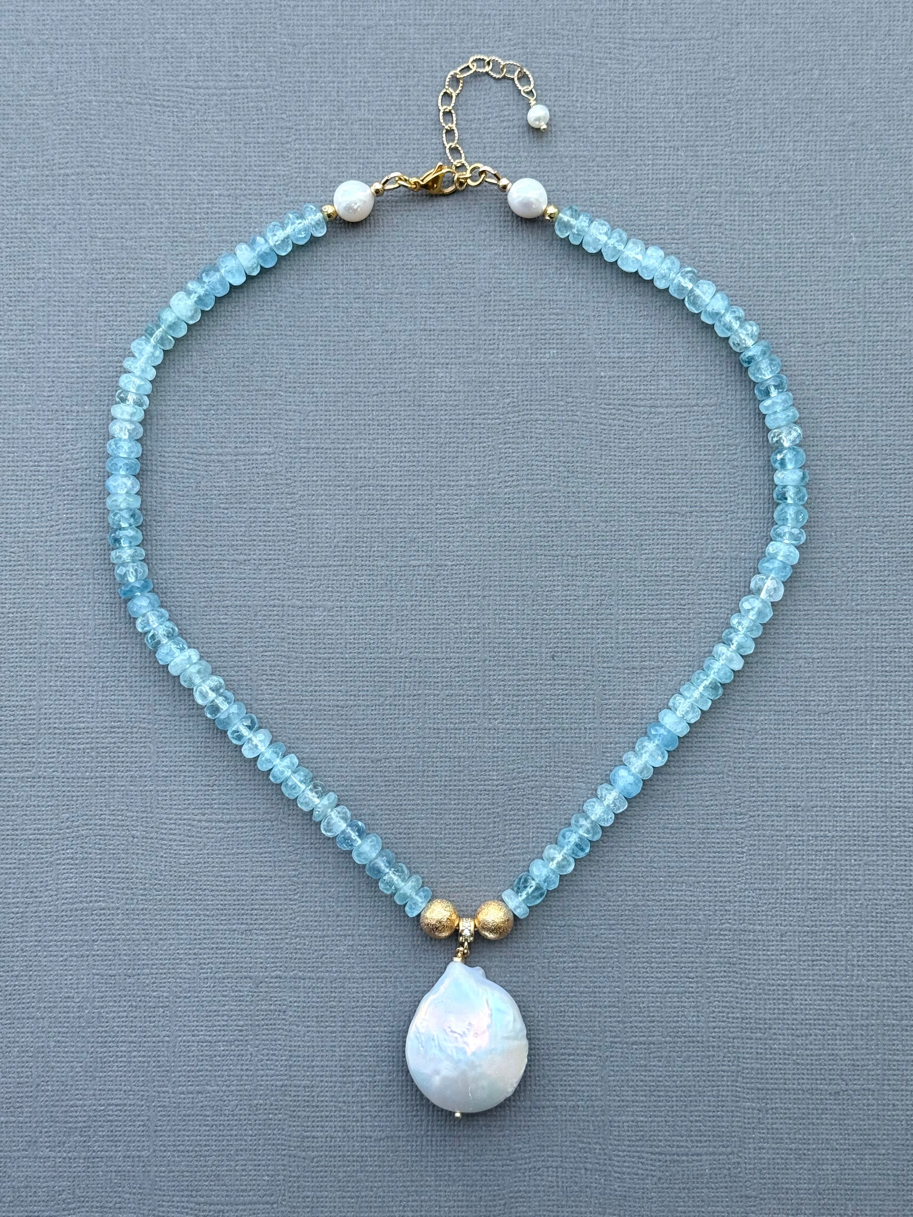 Aquamarine and Disk Pearl Drop Necklace