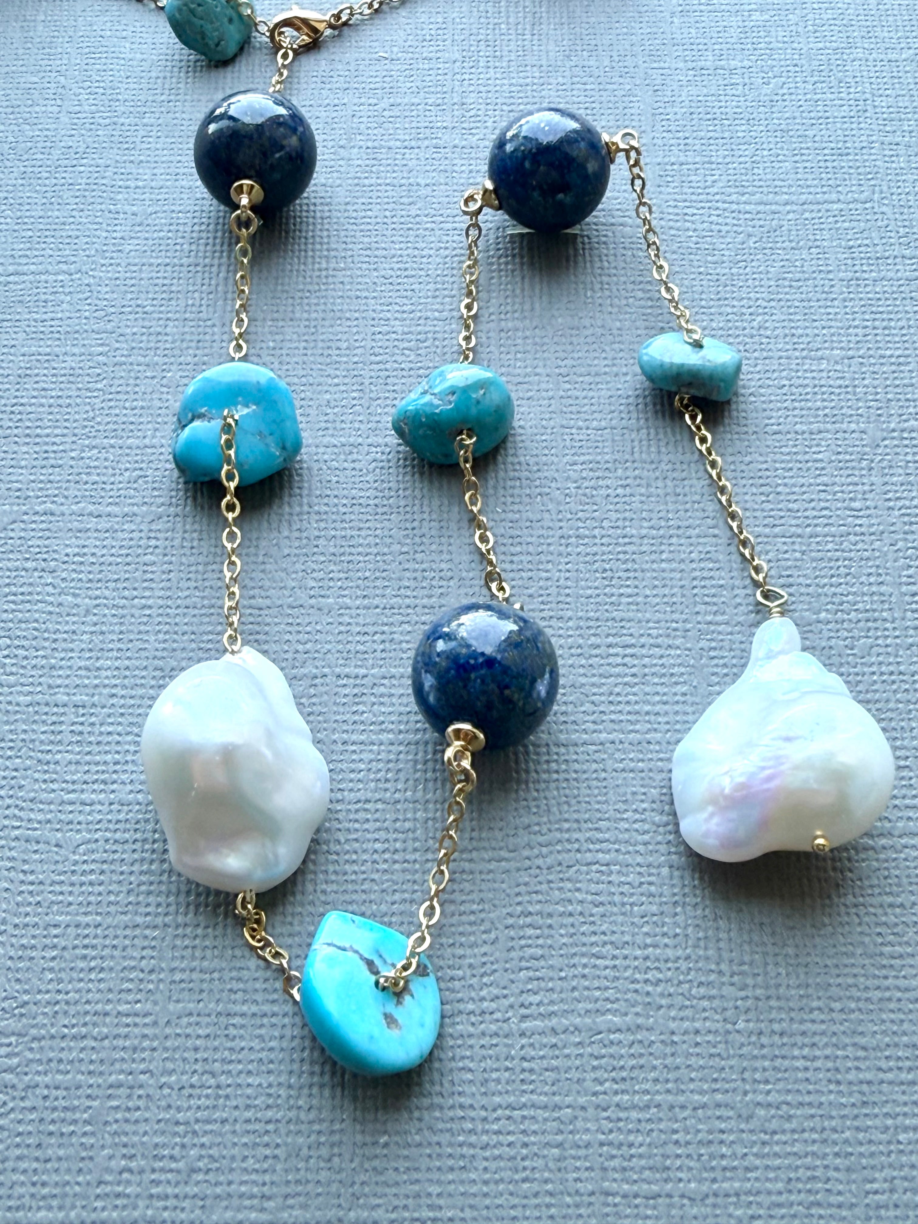 Lapis, Turquoise, and Baroque Pearls Station Necklace