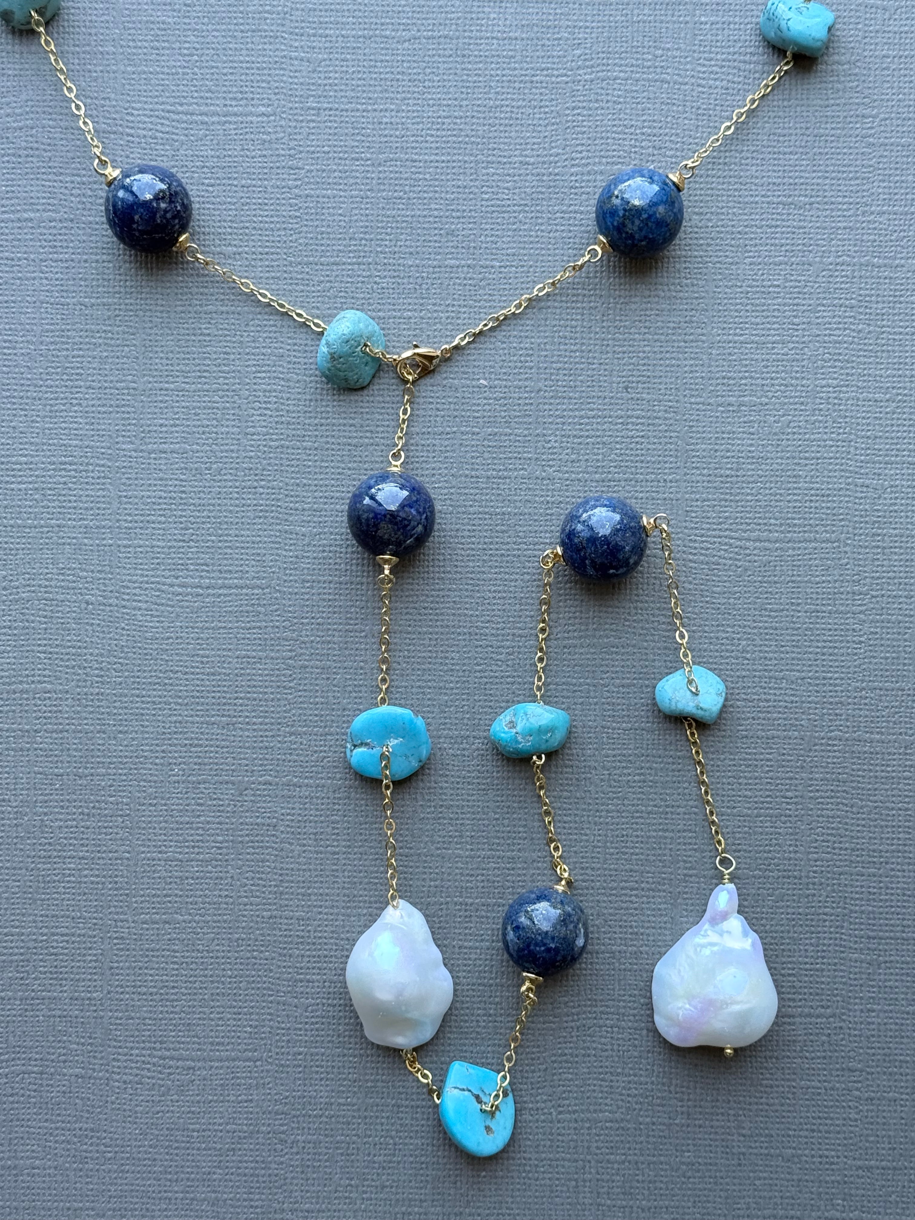 Lapis, Turquoise, and Baroque Pearls Station Necklace