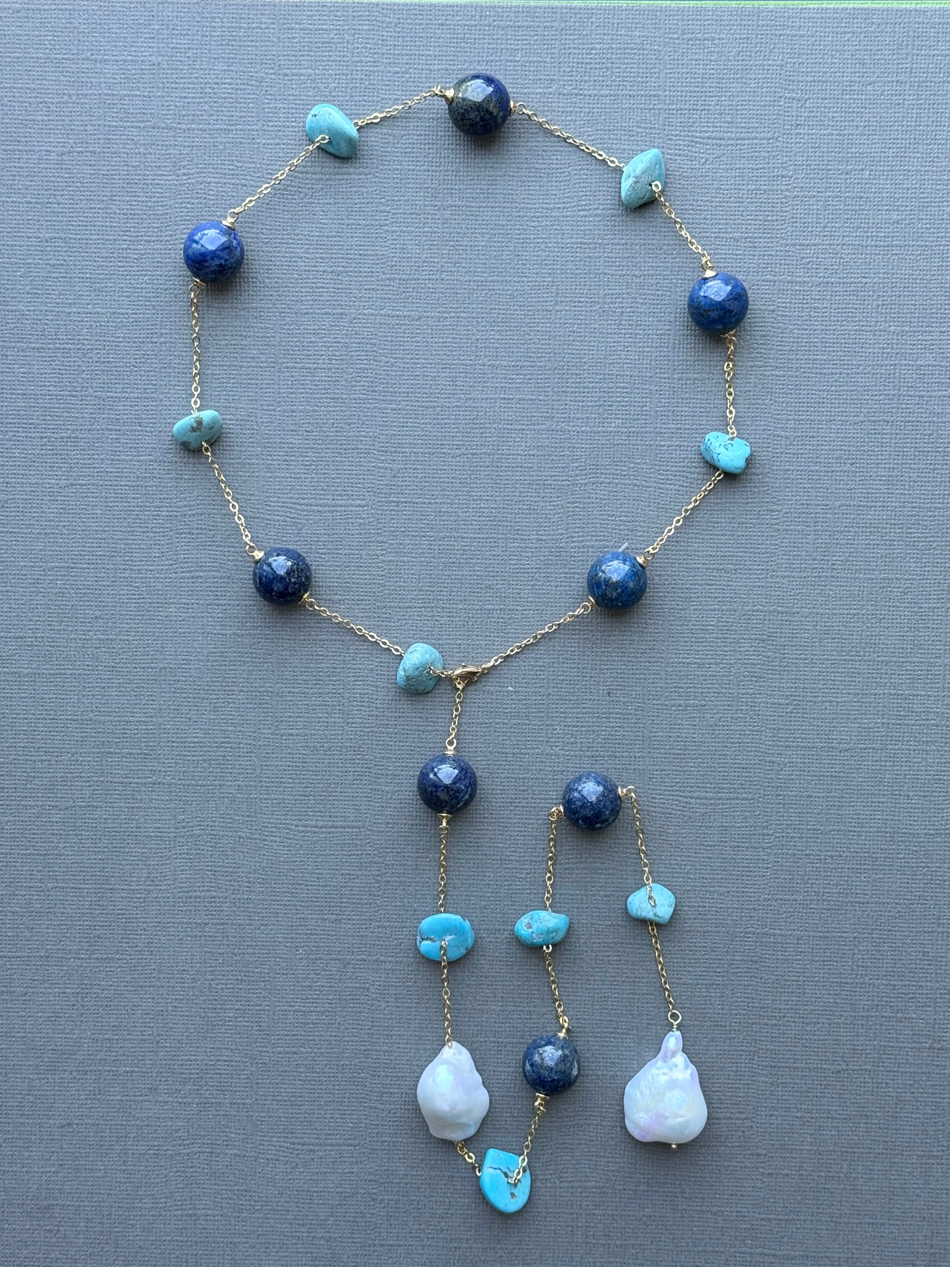 Lapis, Turquoise, and Baroque Pearls Station Necklace