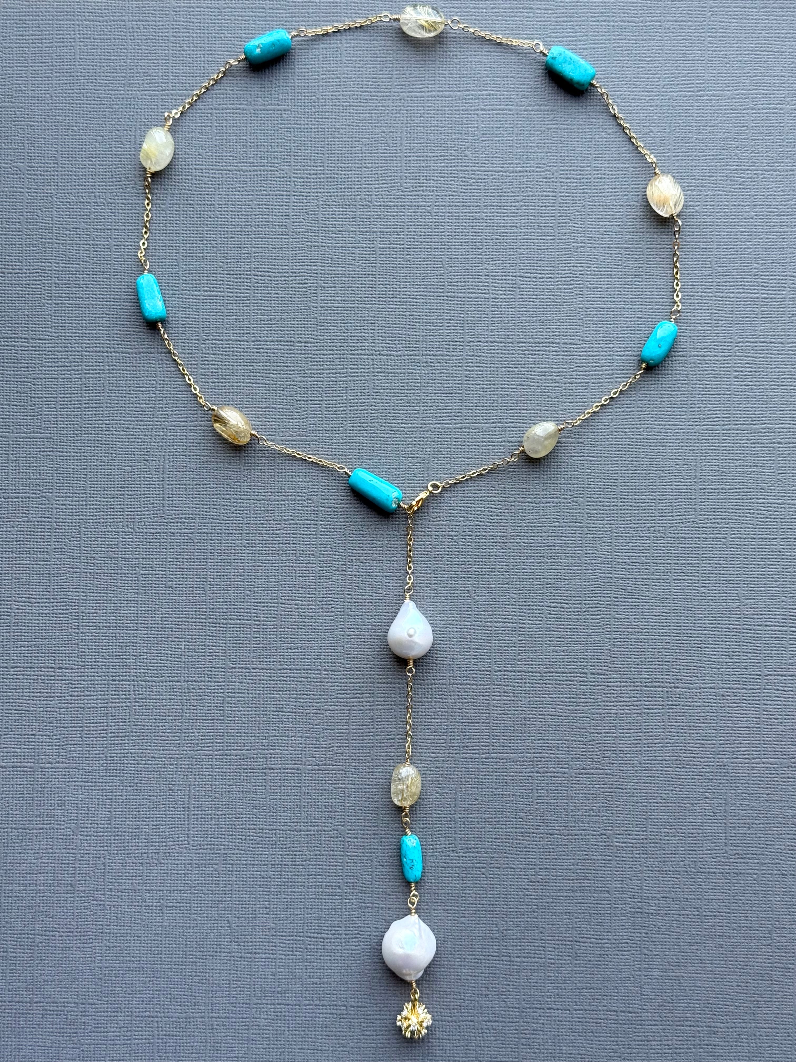 Armenian Turquoise, Rutilated quartz, and Baroque Pearl Adjustable Necklace