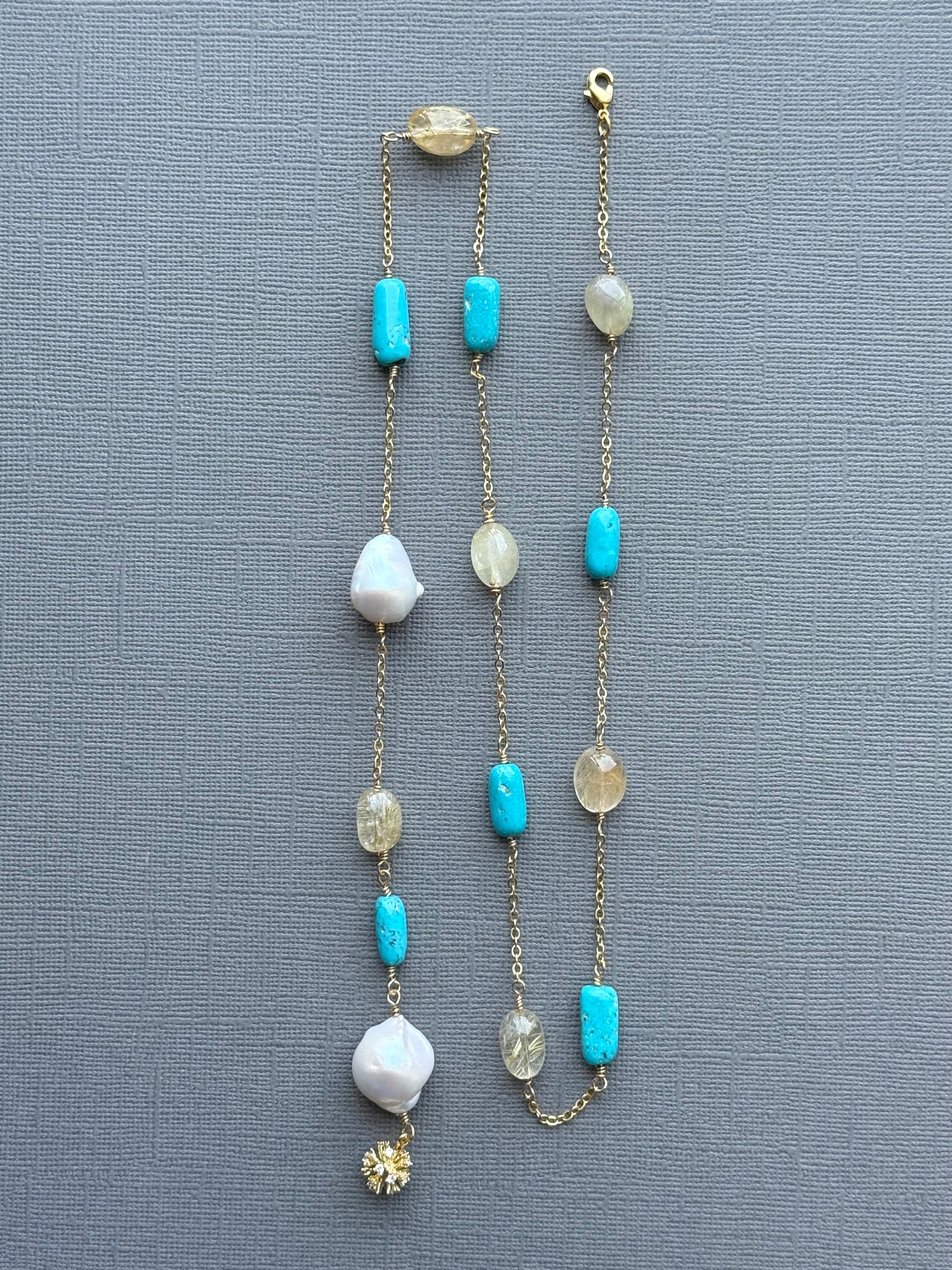 Armenian Turquoise, Rutilated quartz, and Baroque Pearl Adjustable Necklace