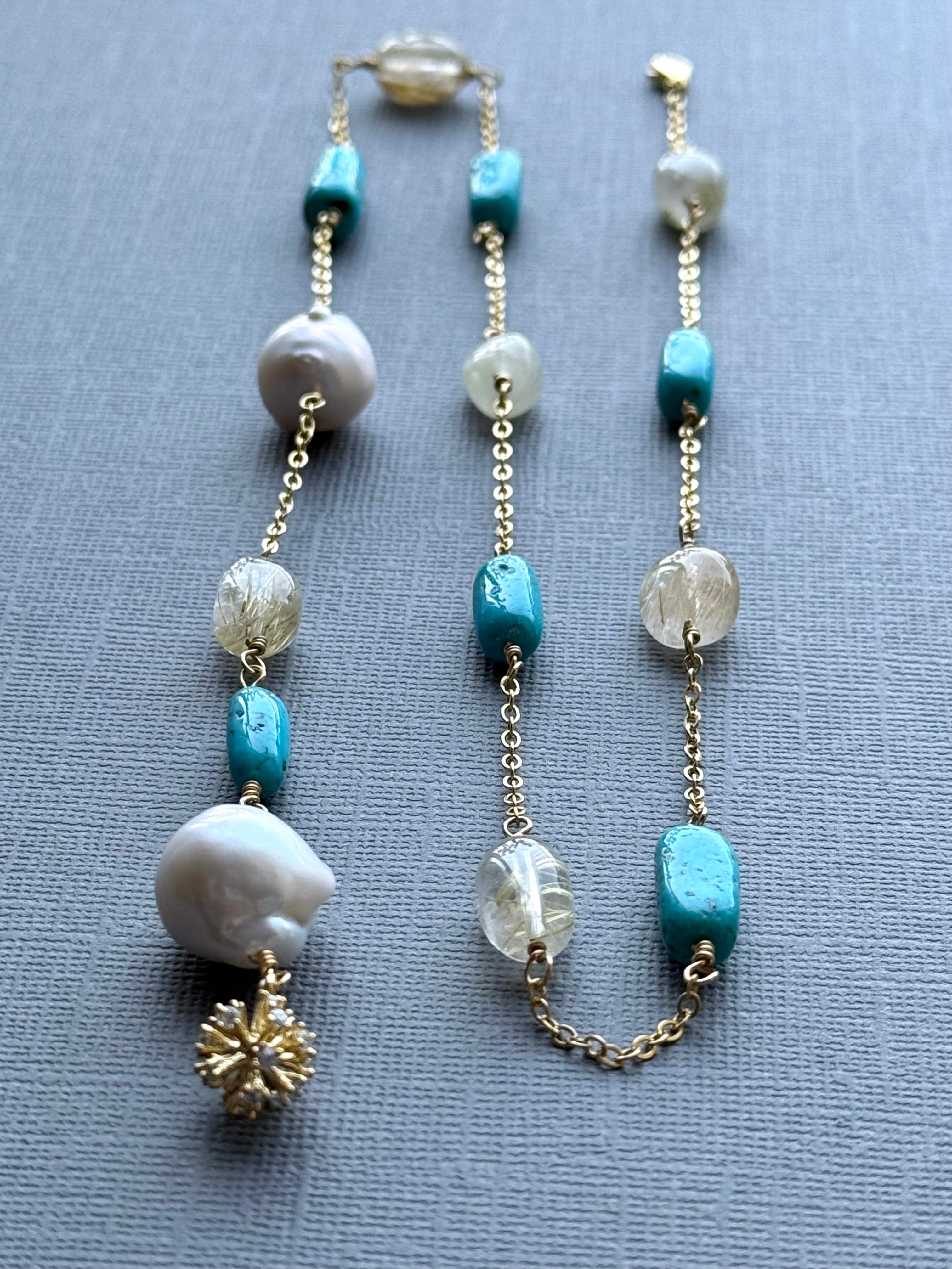 Armenian Turquoise, Rutilated quartz, and Baroque Pearl Adjustable Necklace