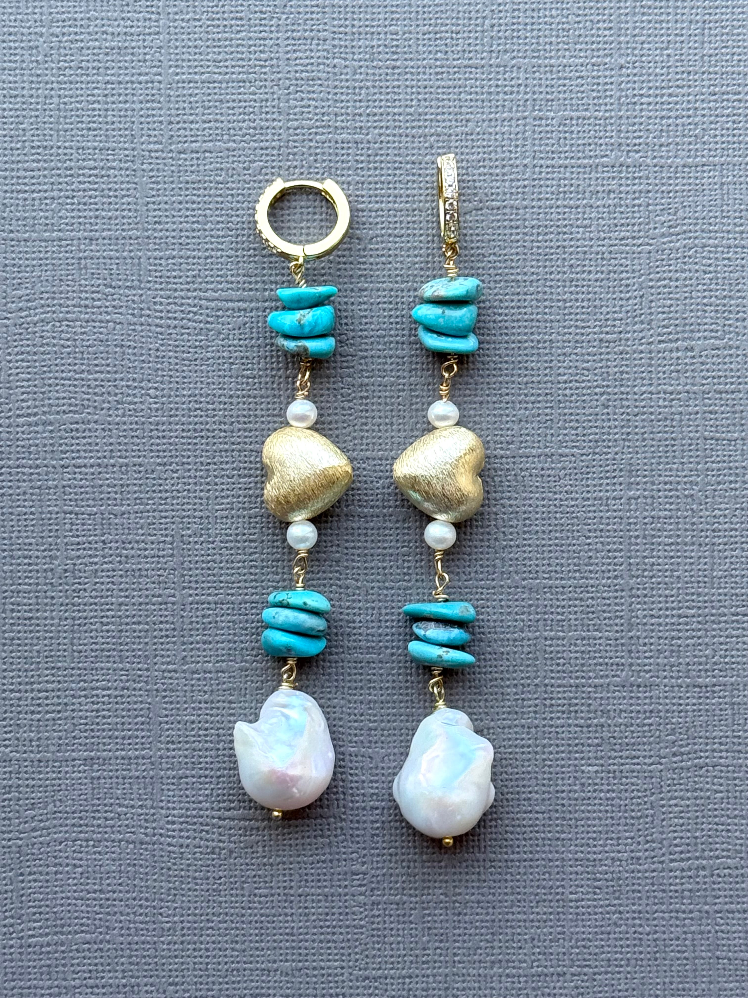 Turquoise, Pearl, and Gold Heart Earrings