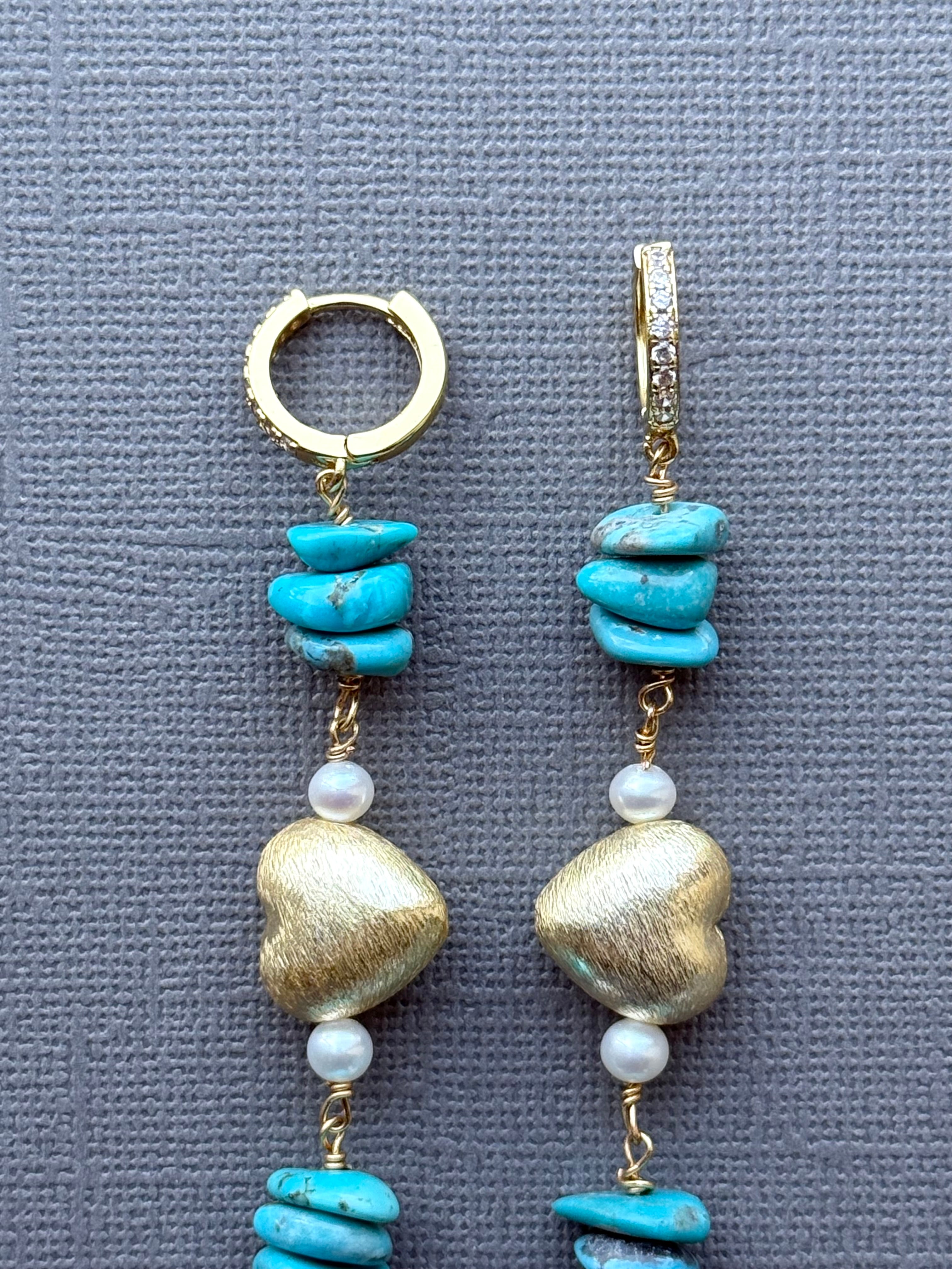Turquoise, Pearl, and Gold Heart Earrings