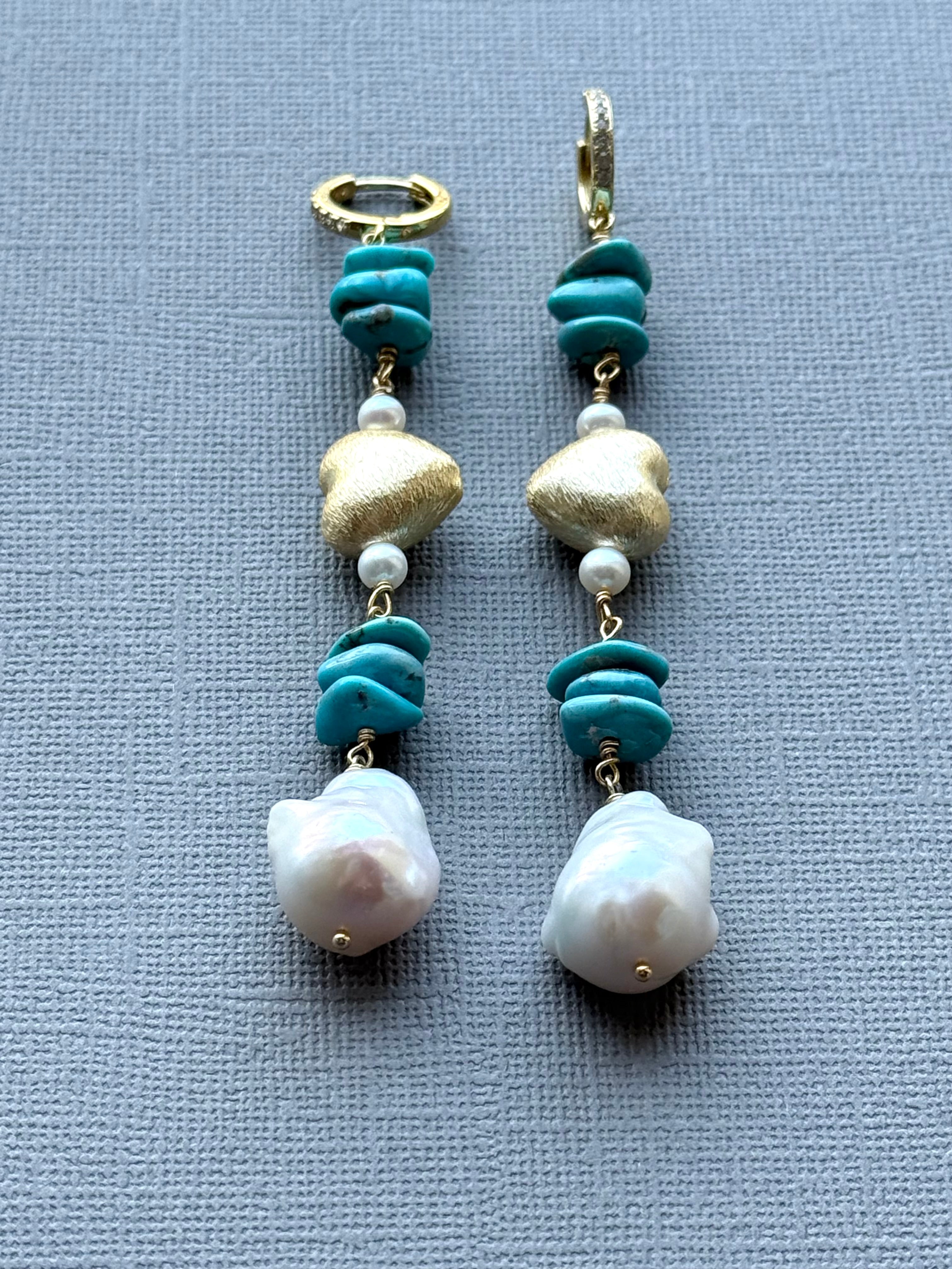 Turquoise, Pearl, and Gold Heart Earrings