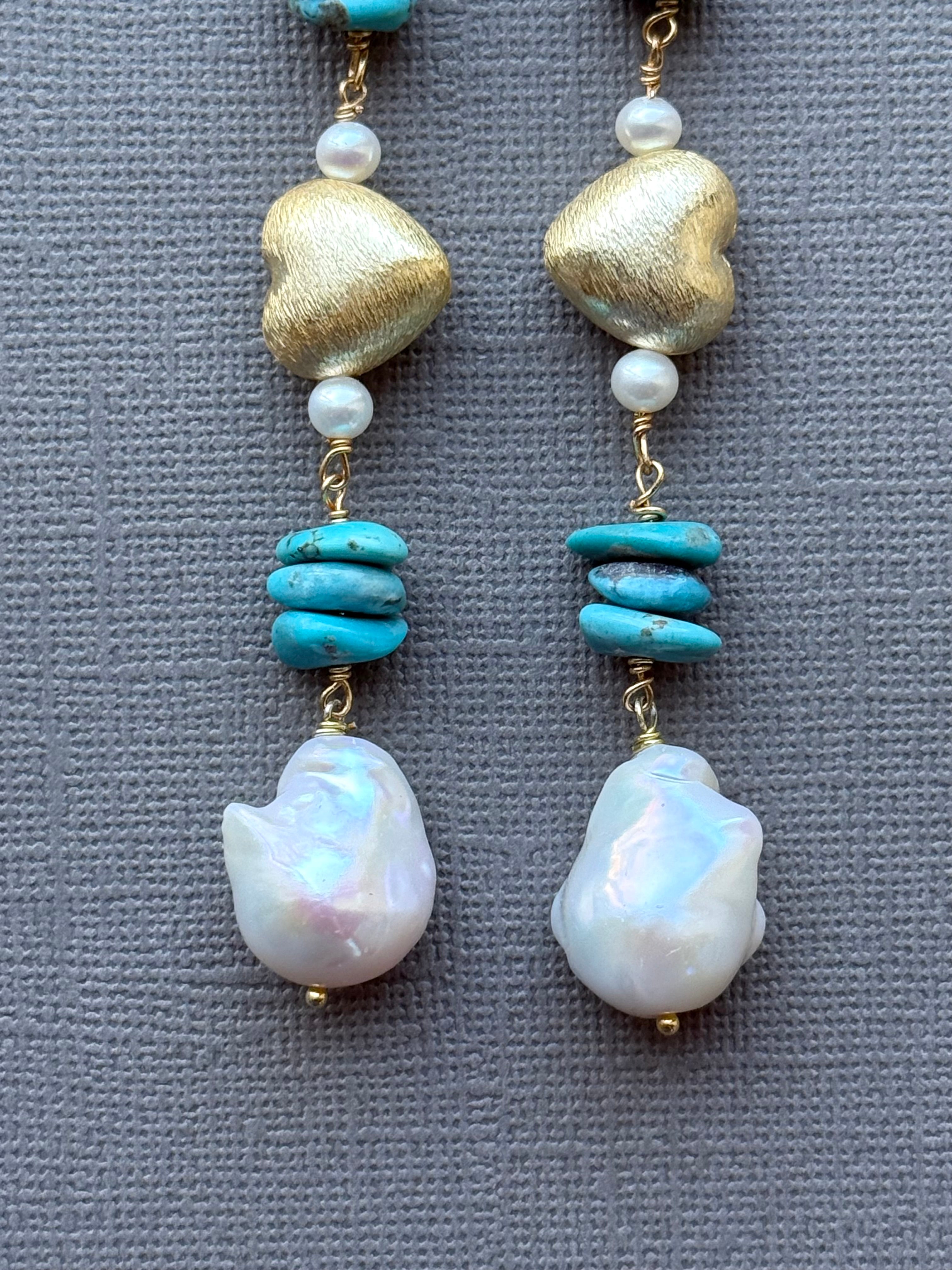 Turquoise, Pearl, and Gold Heart Earrings