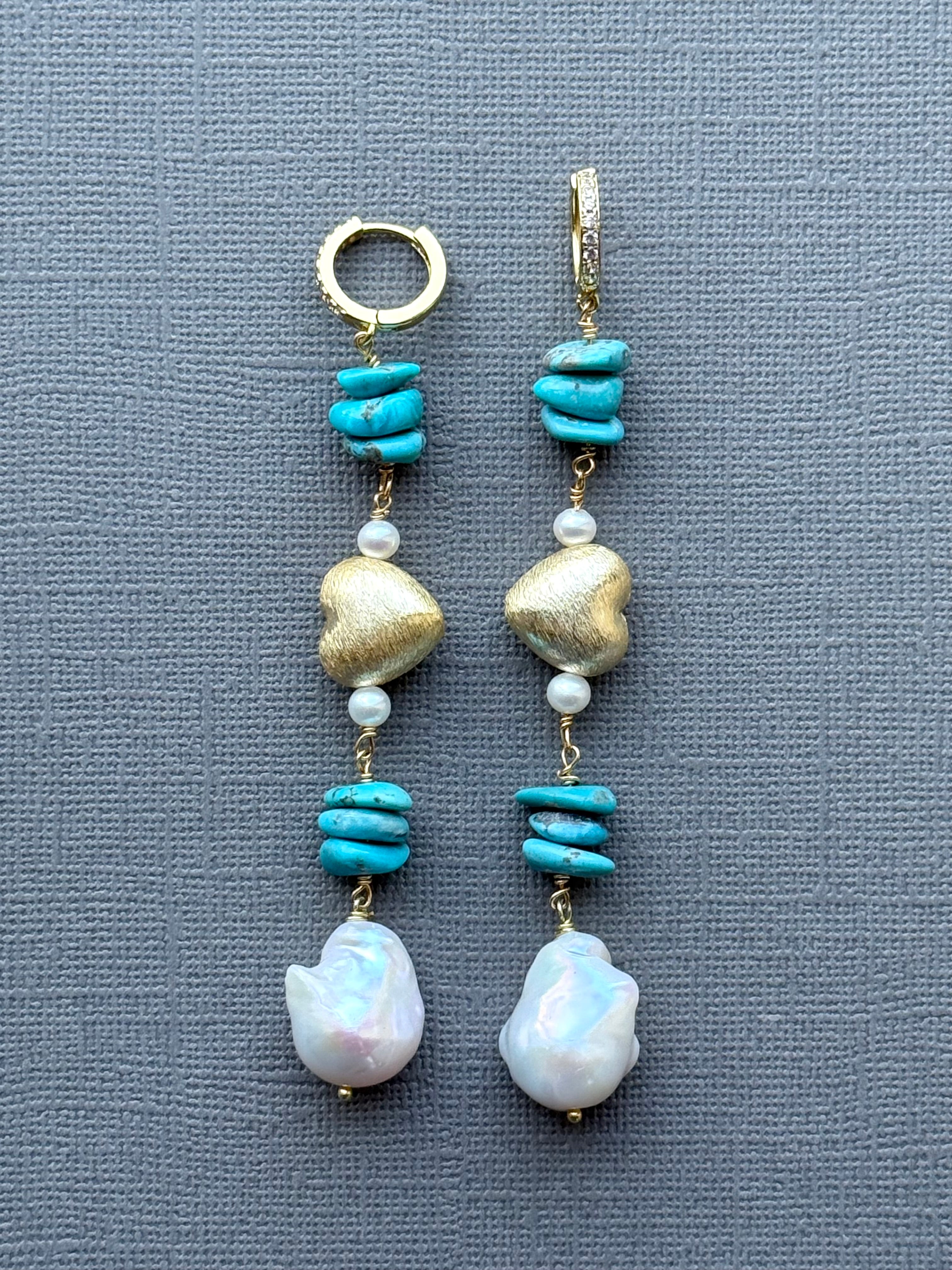 Turquoise, Pearl, and Gold Heart Earrings