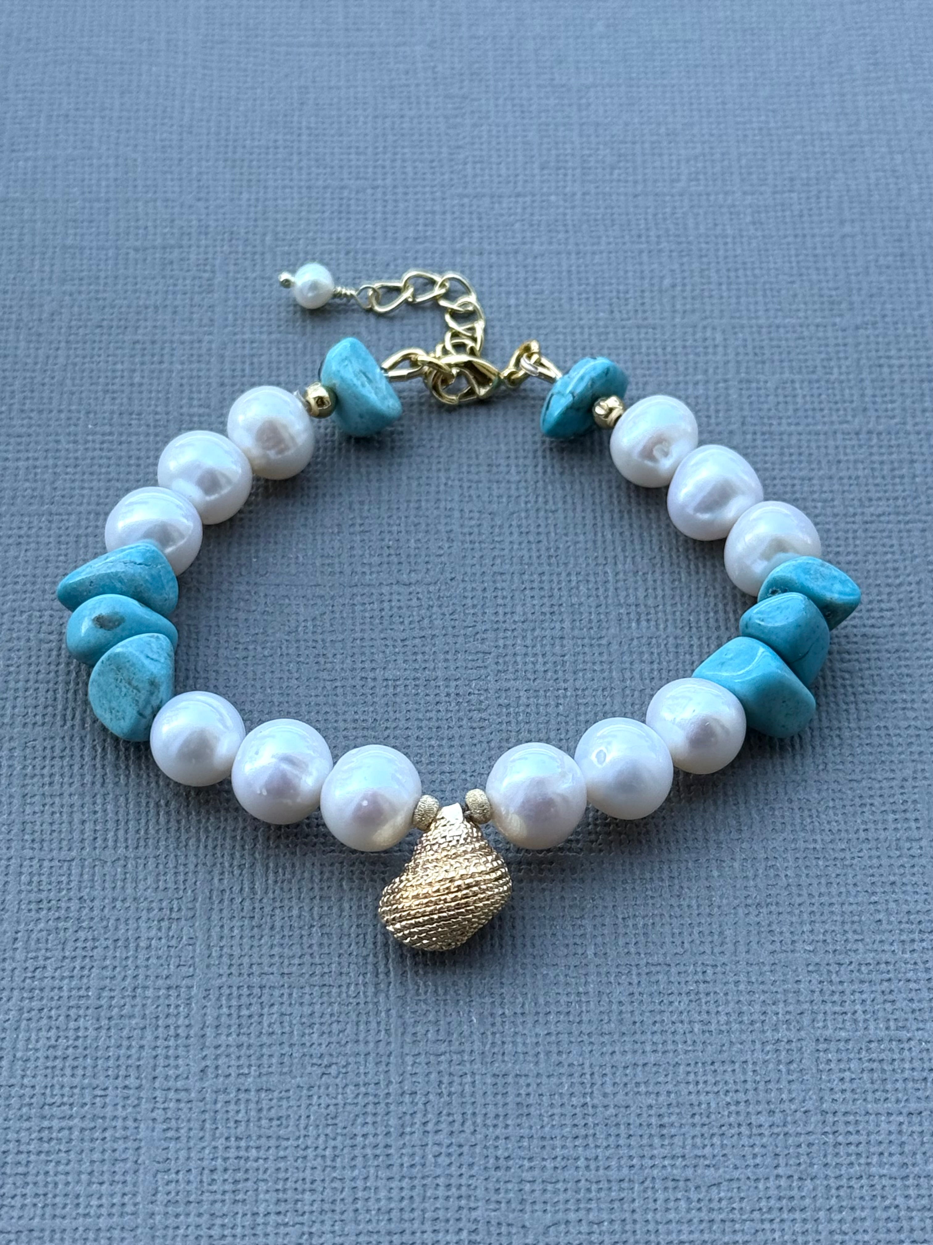 Turquoise, Pearl, and Shell Charm Bracelet