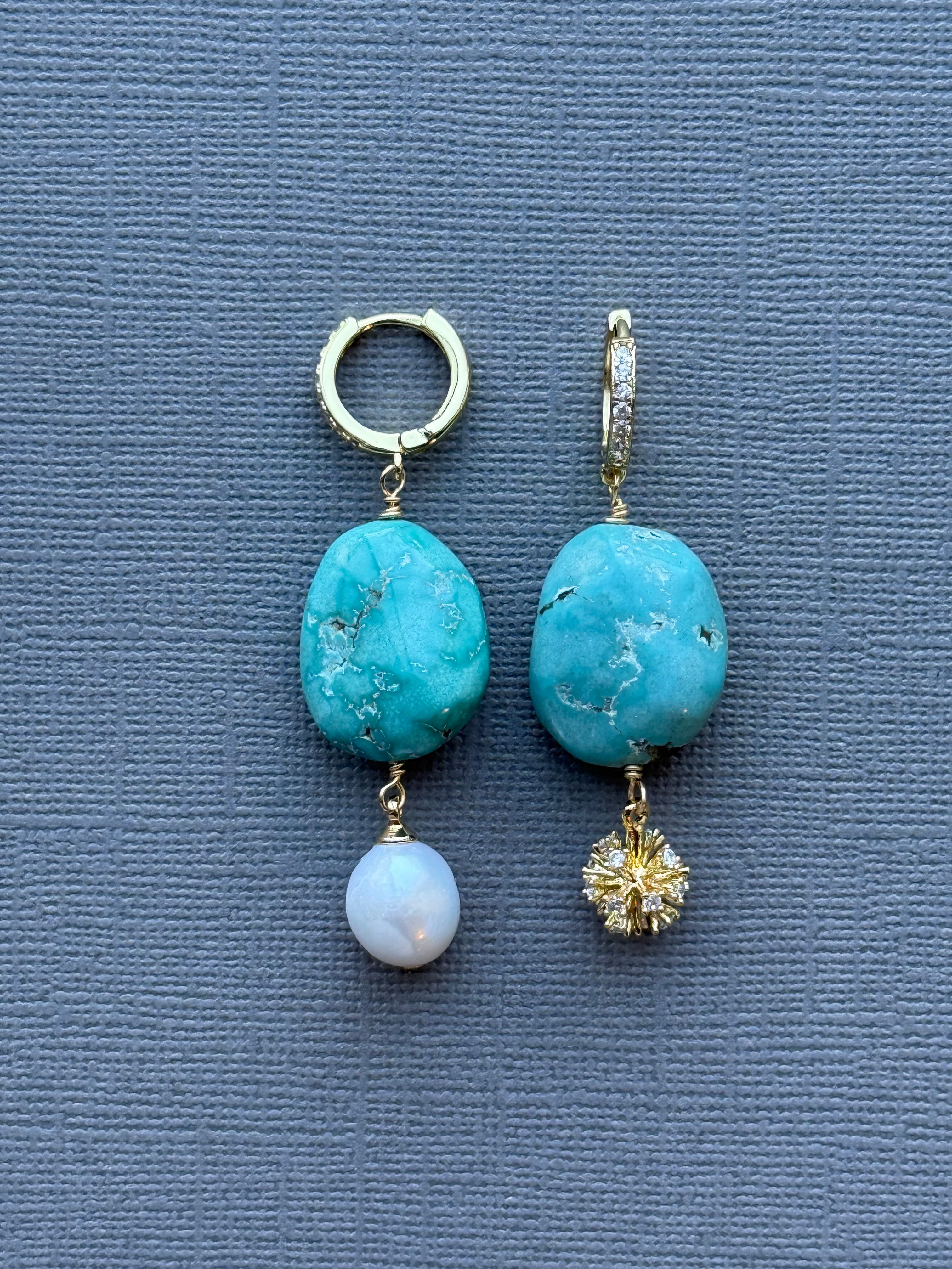 Asymmetrical Turquoise and Pearl Earrings