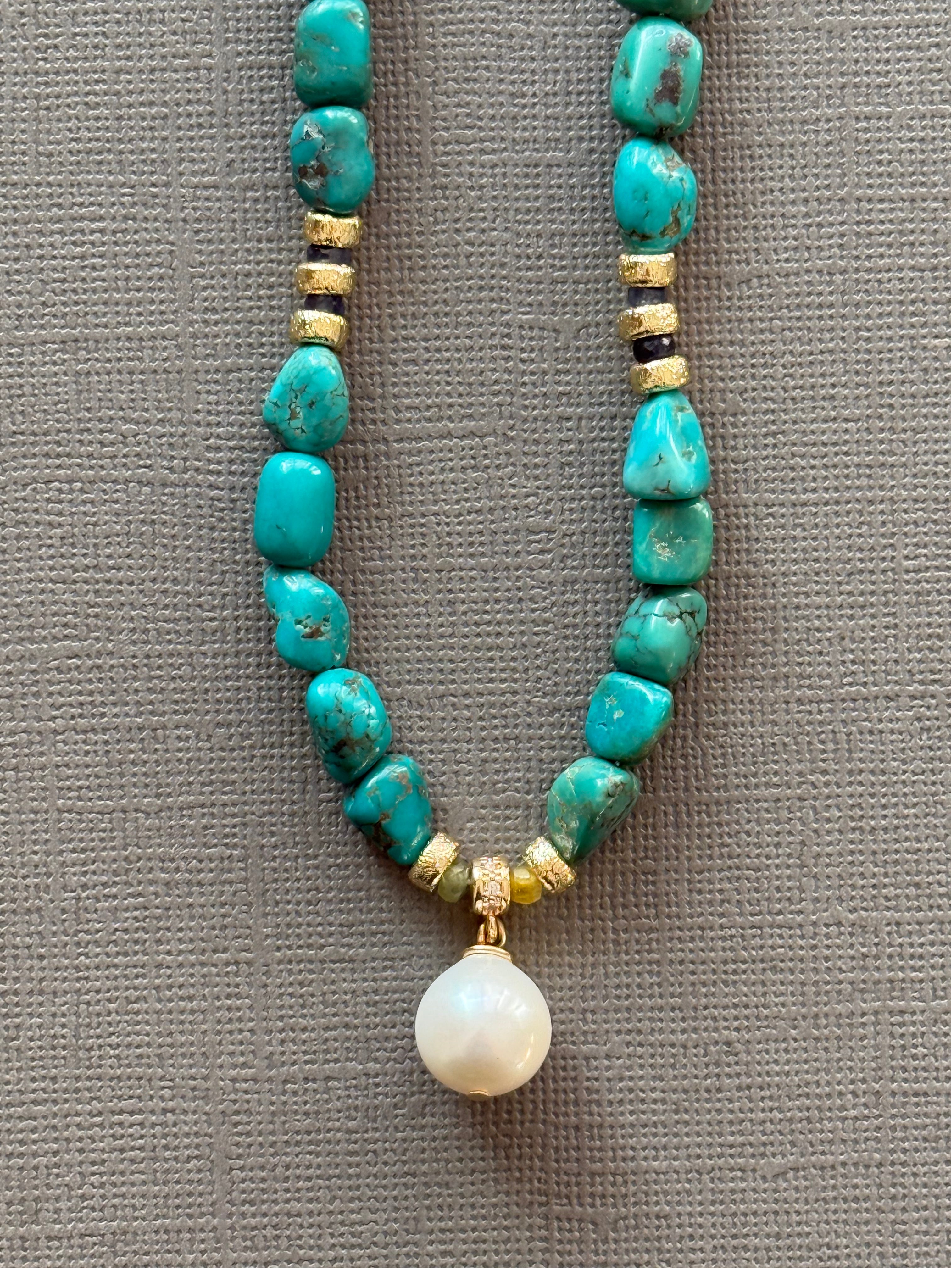 Turquoise, Pearl, and Sapphire Necklace