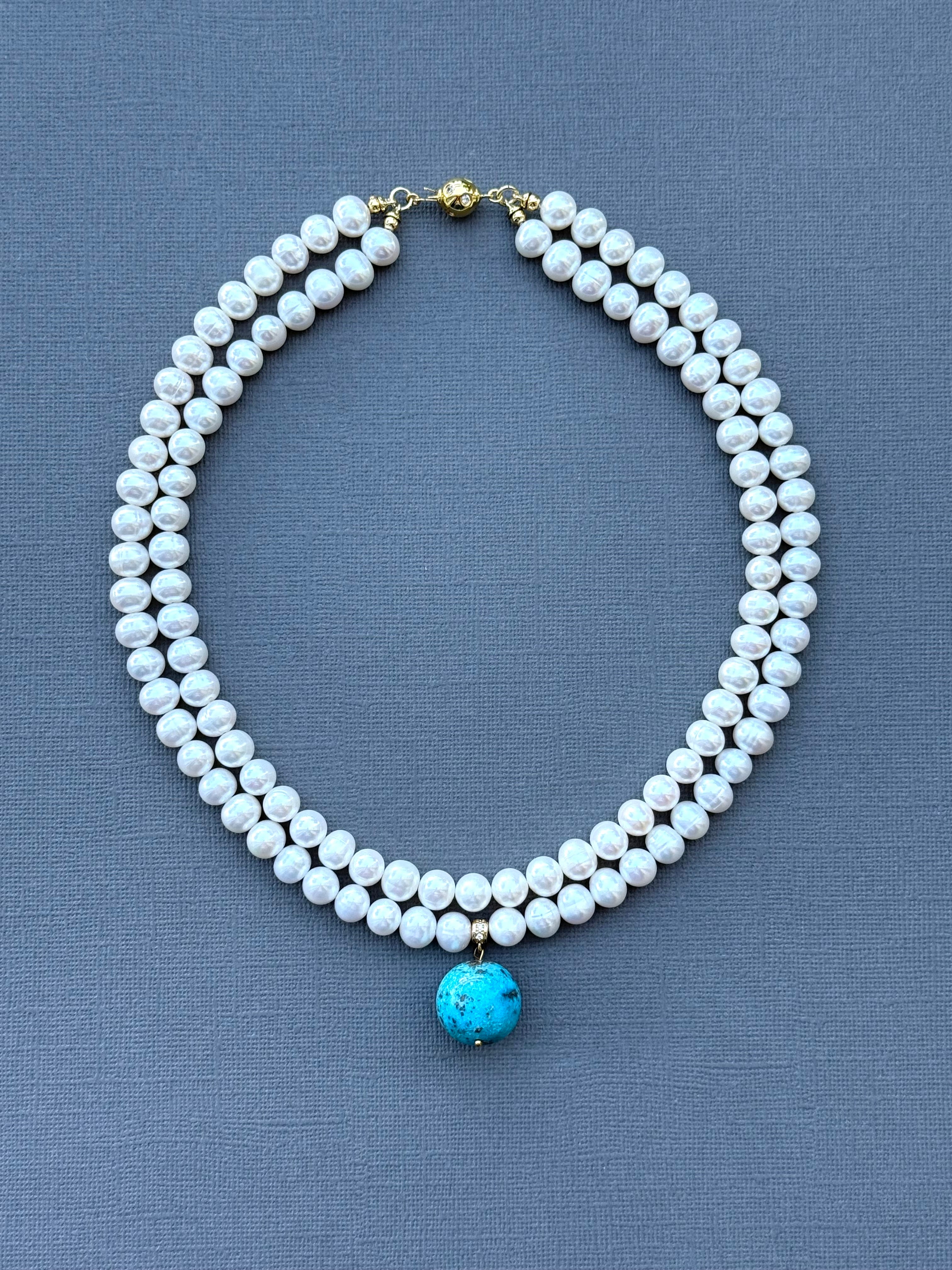 Double Pearl Strand and Turquoise Drop Necklace