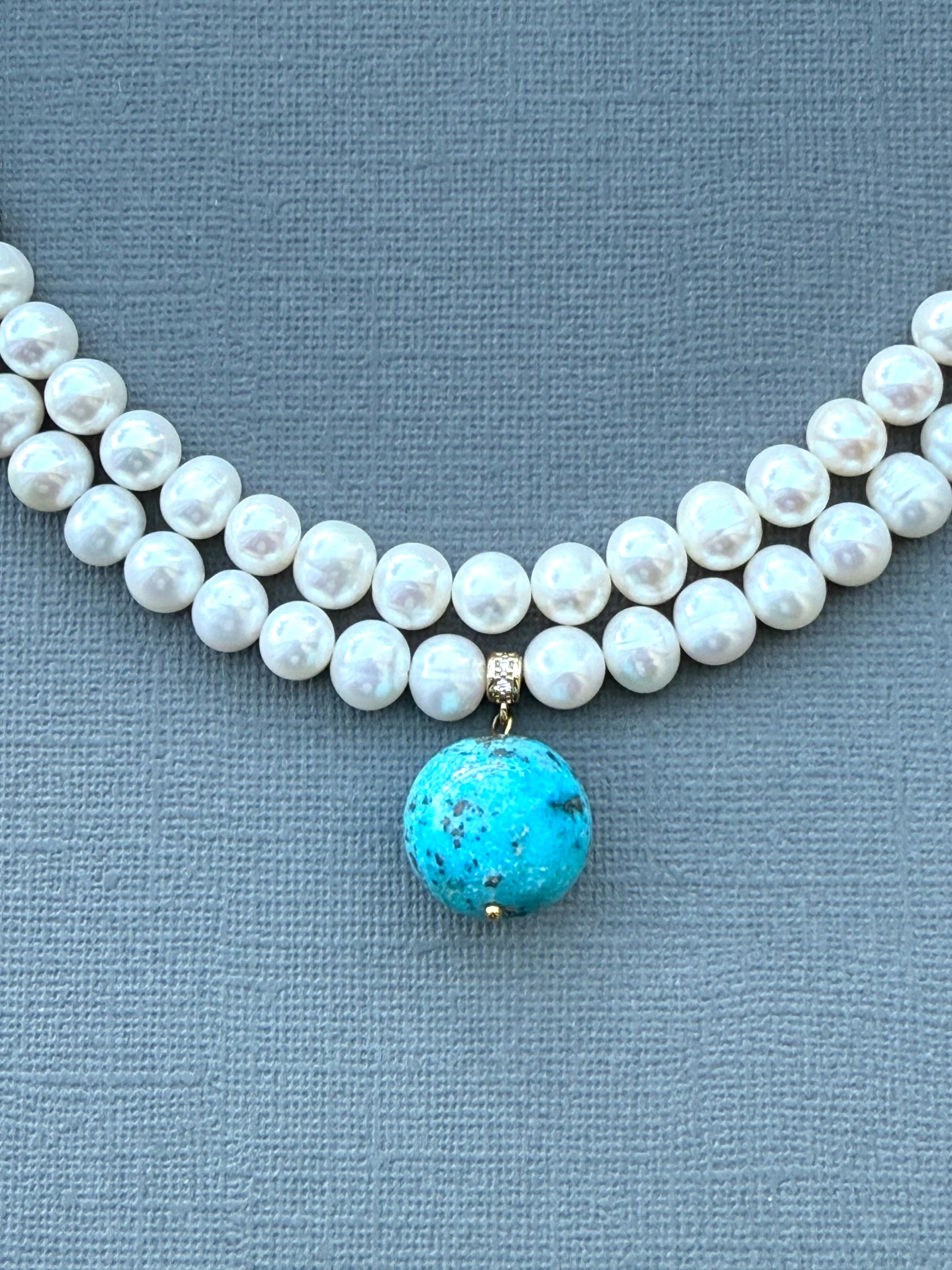 Double Pearl Strand and Turquoise Drop Necklace