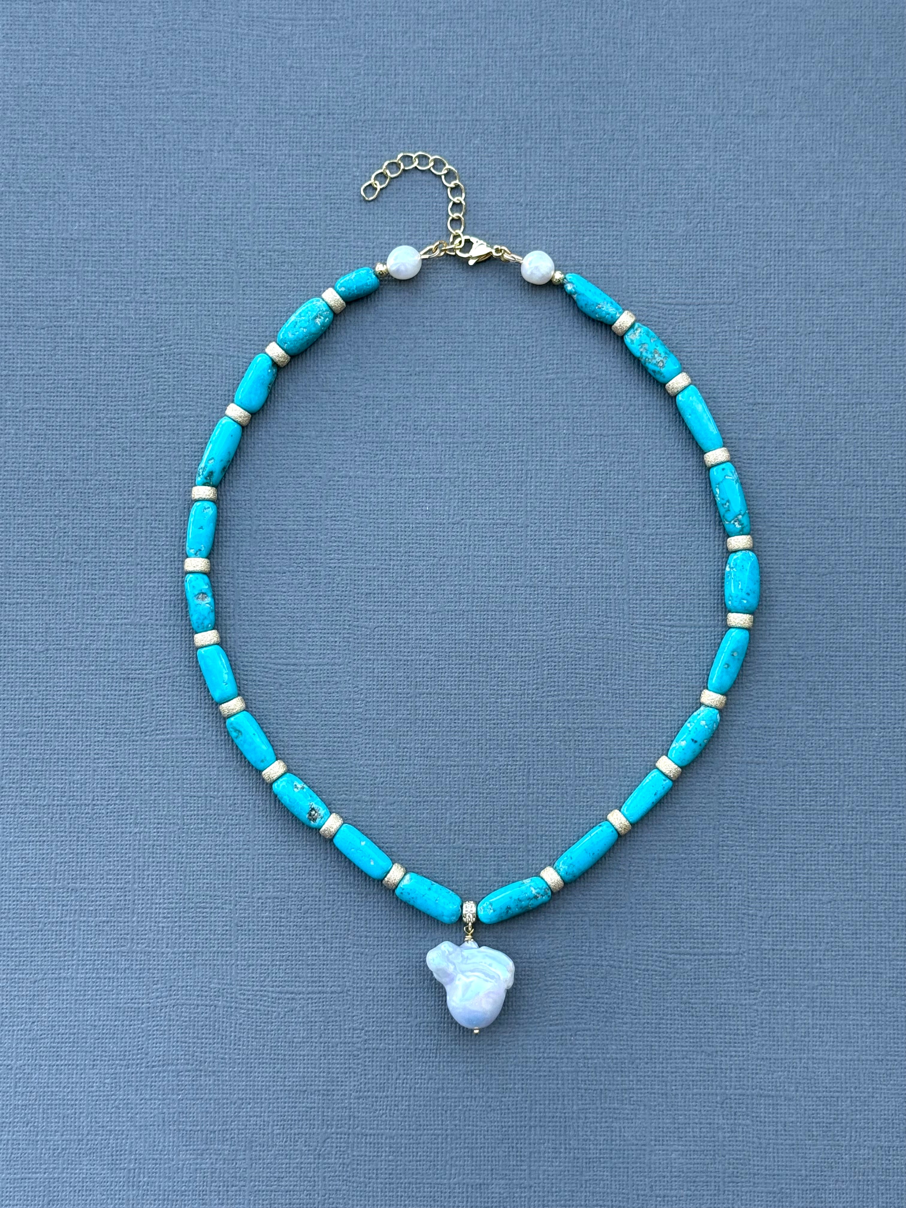 Armenian Turquoise with Gold-Filled Accents and Baroque Pearl Drop