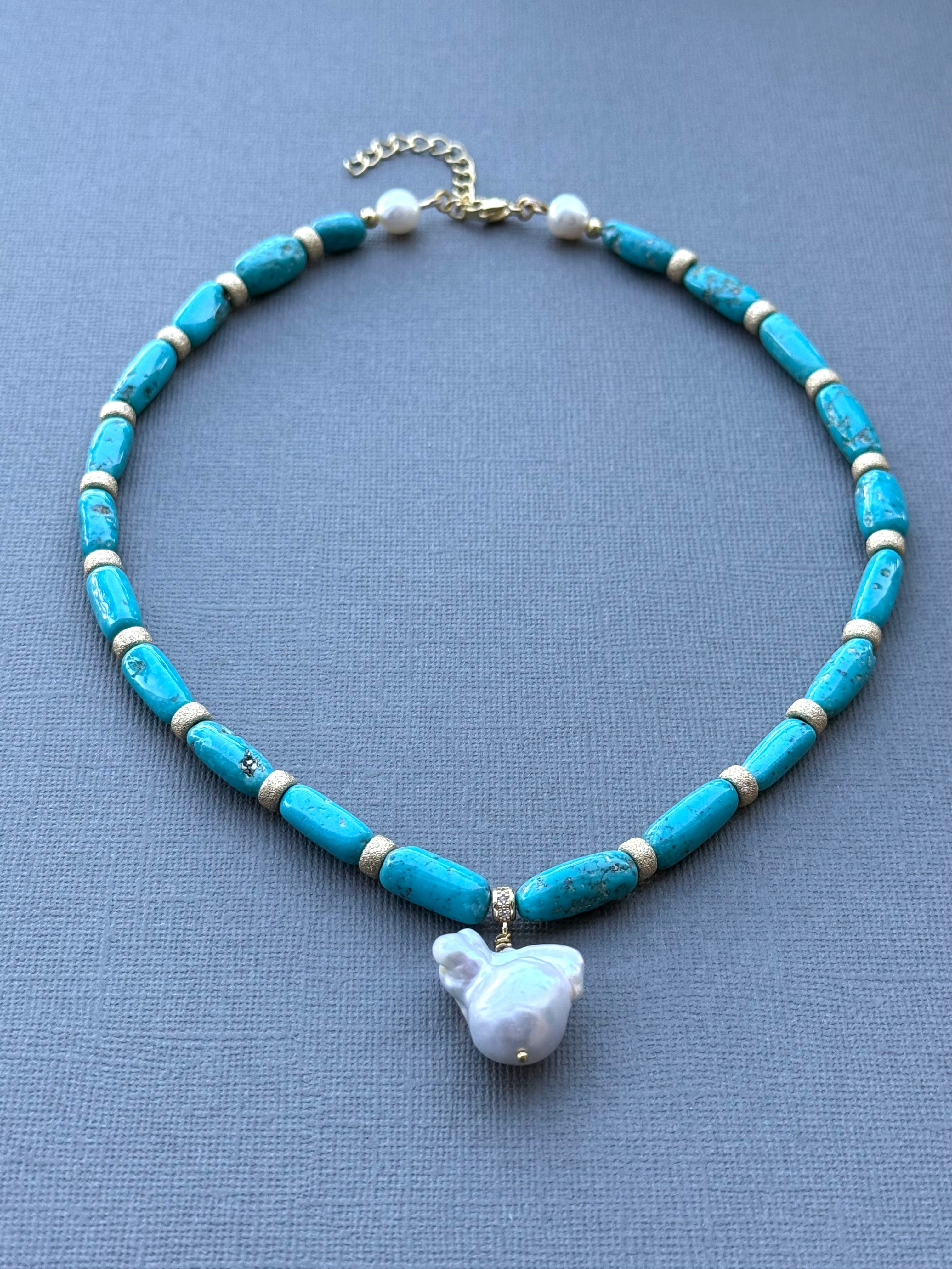 Armenian Turquoise with Gold-Filled Accents and Baroque Pearl Drop