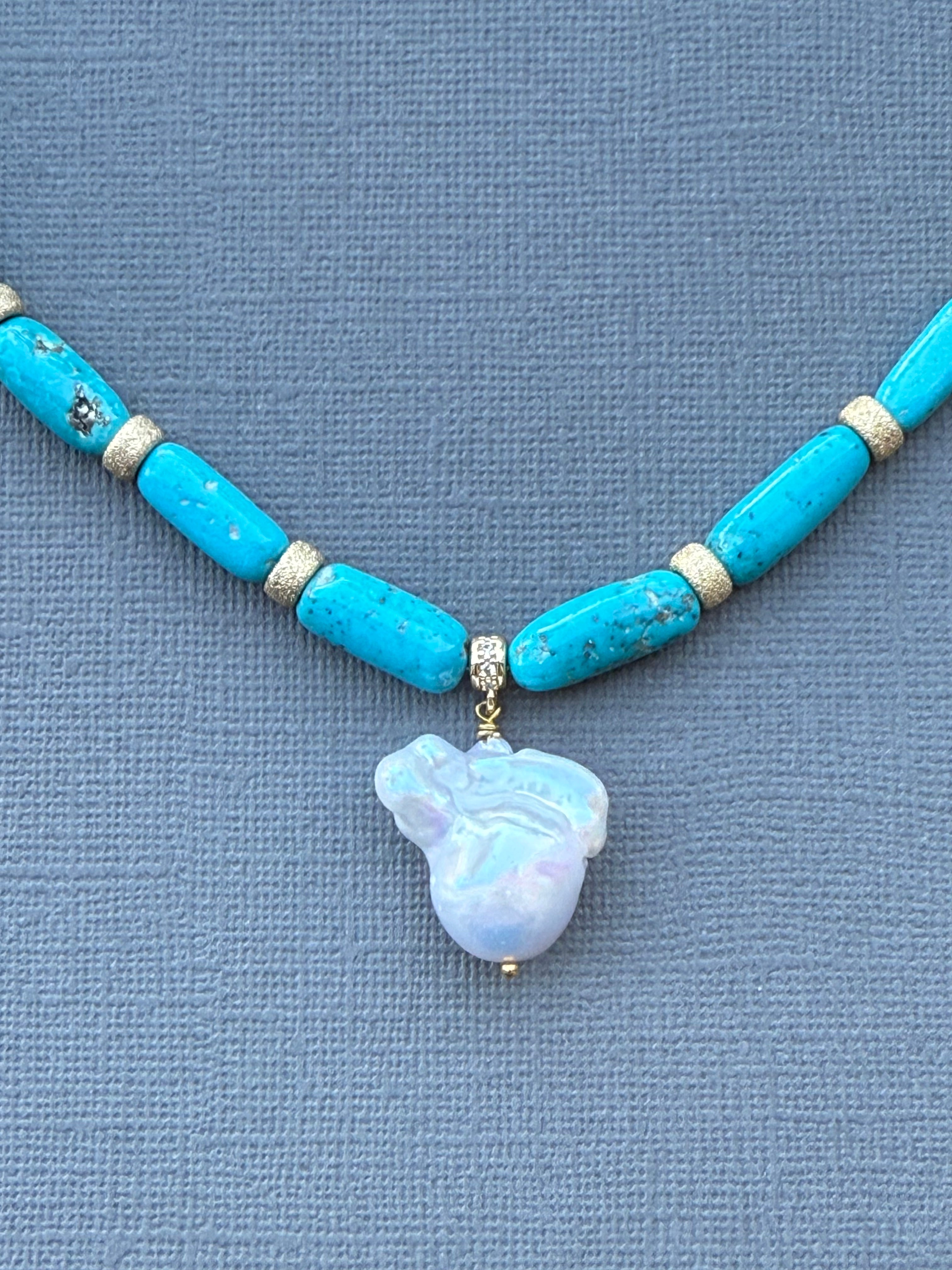 Armenian Turquoise with Gold-Filled Accents and Baroque Pearl Drop