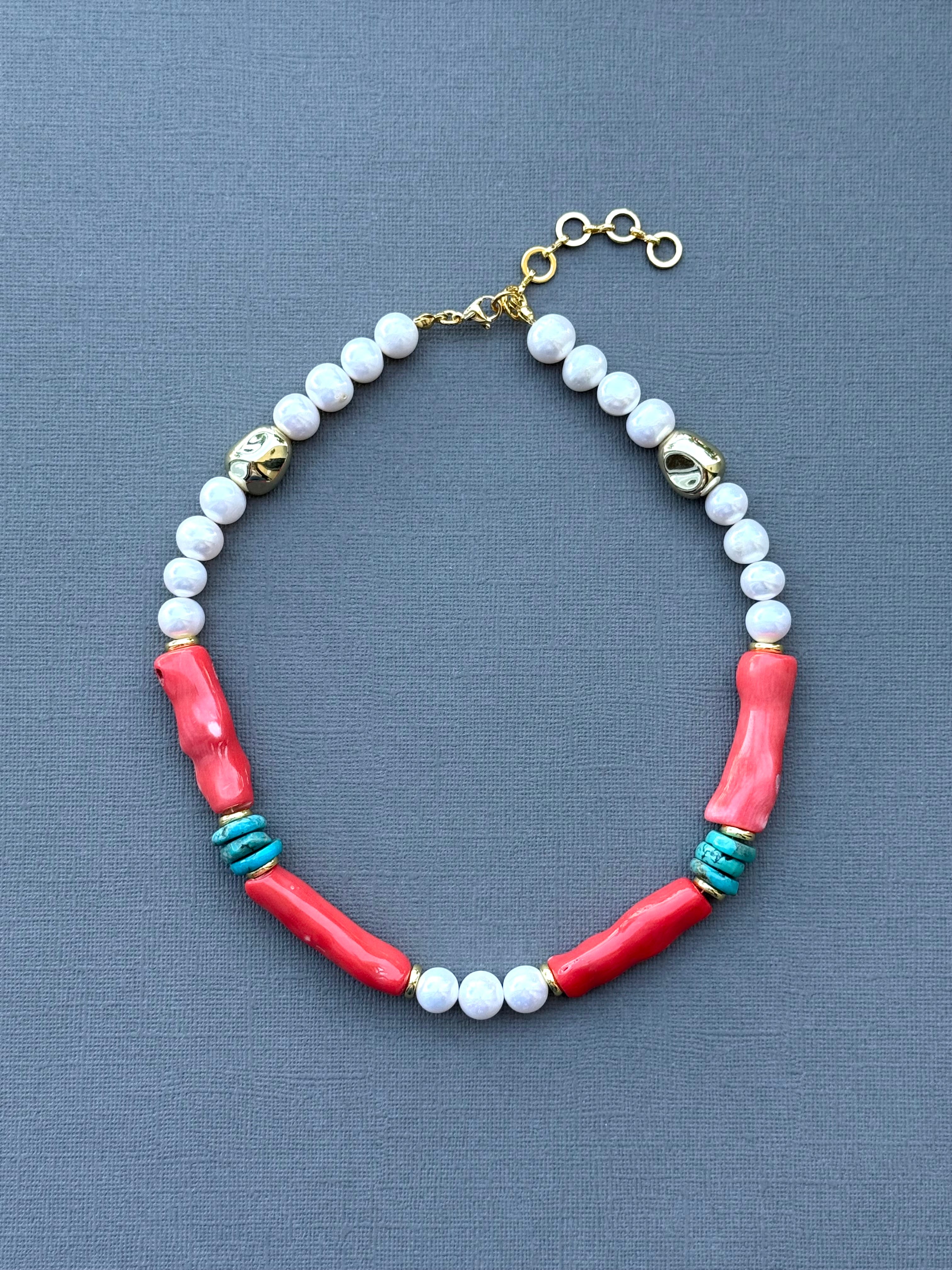 Coral, Pearls, and Turquoise Necklace