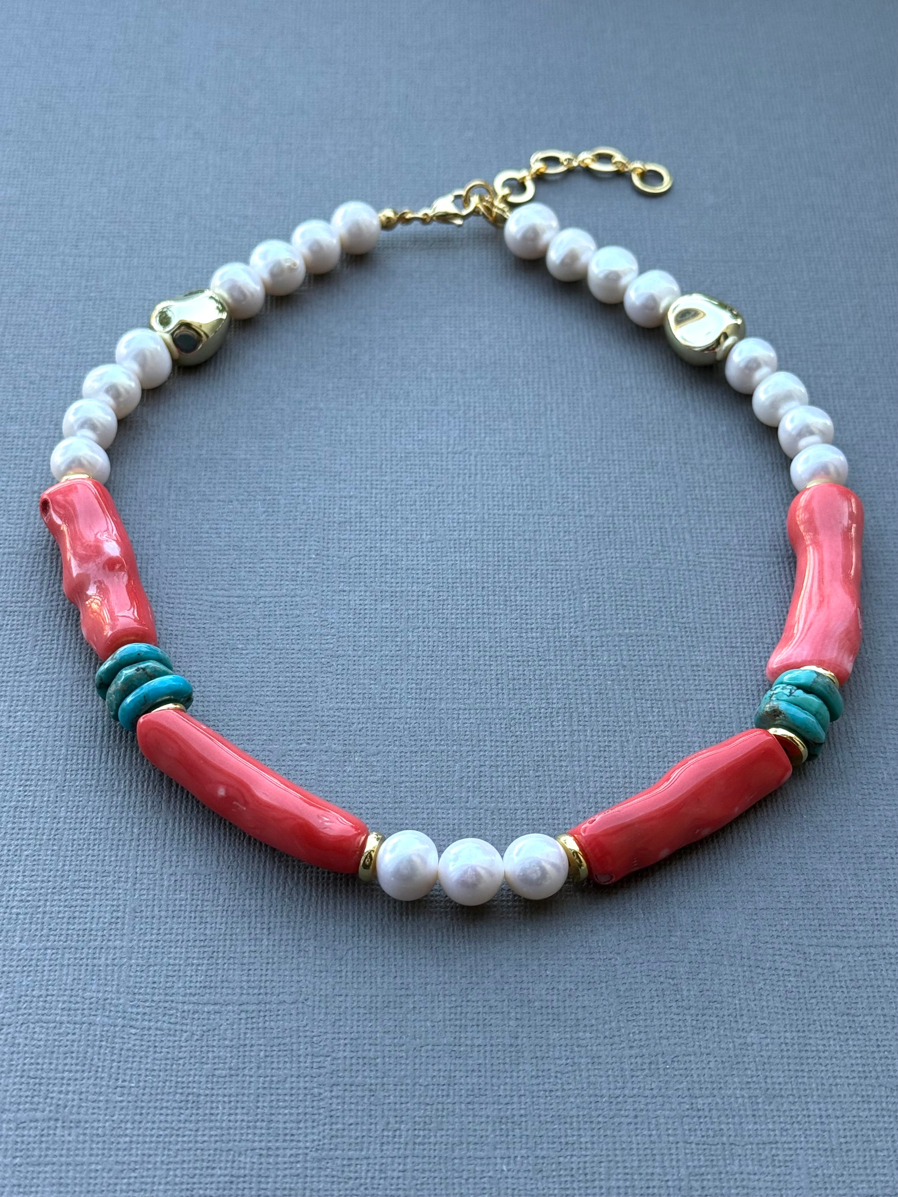 Coral, Pearls, and Turquoise Necklace
