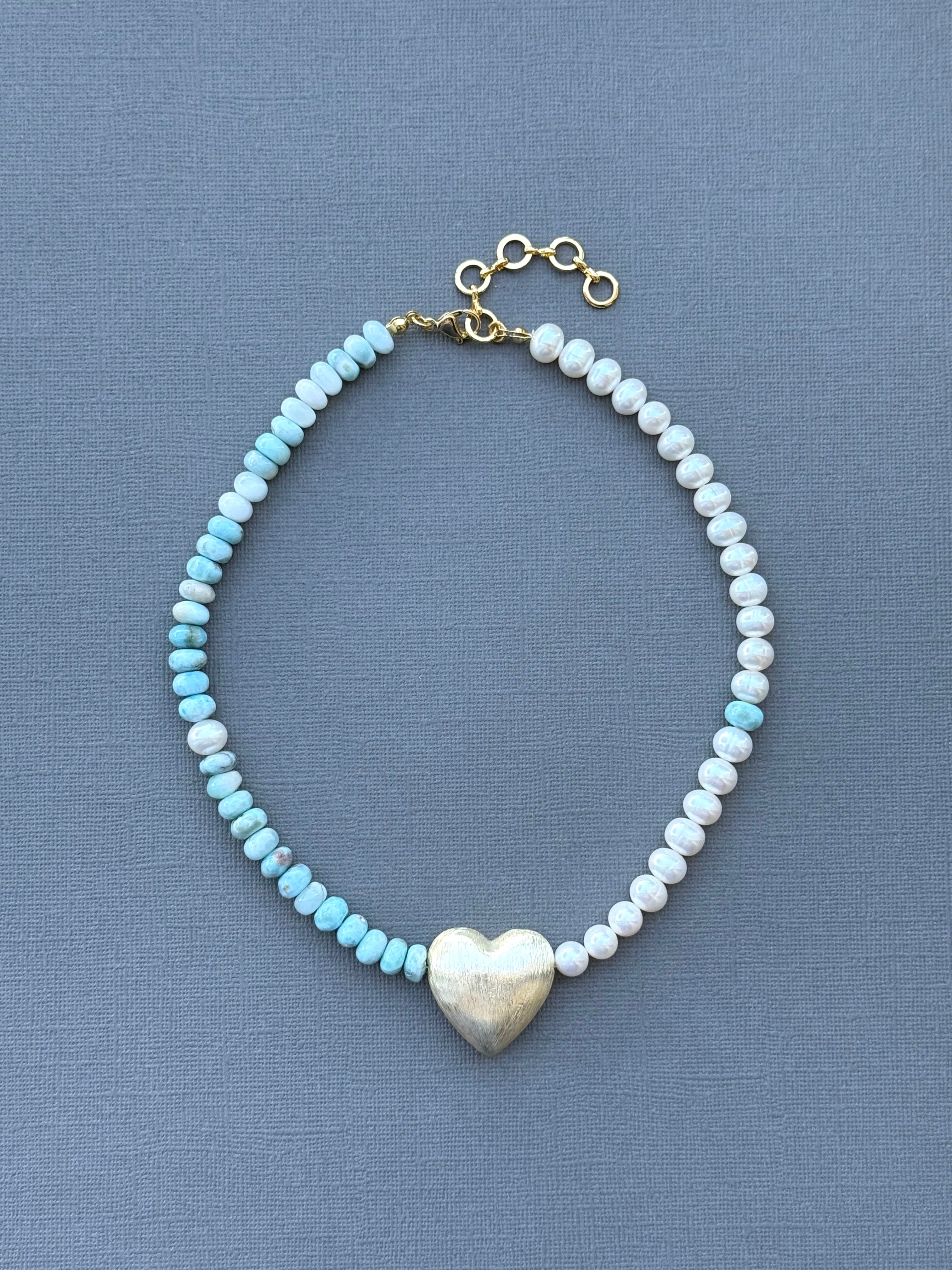 Larimar and Pearl Necklace with Heart