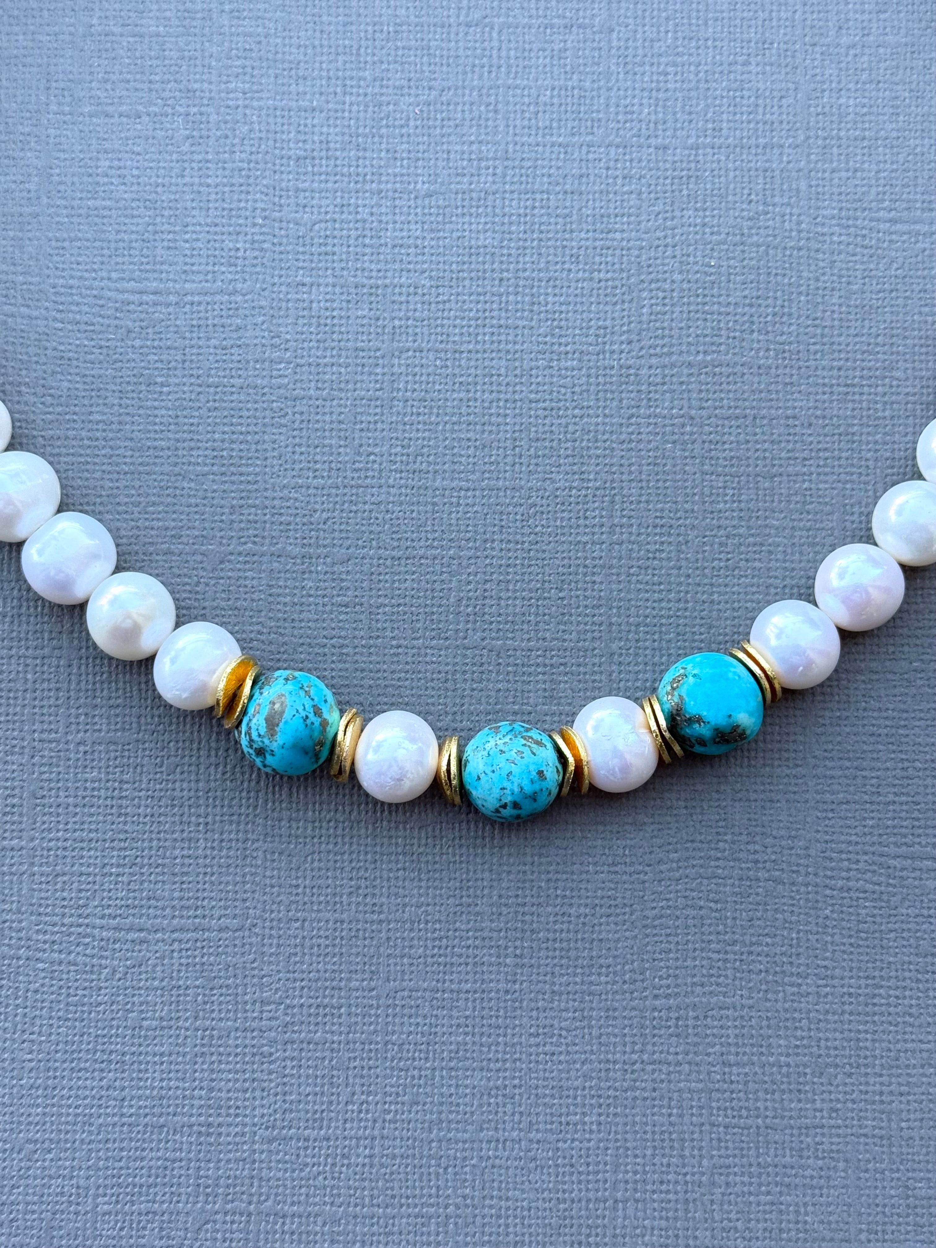 Pearl and Three Turquoise Necklace