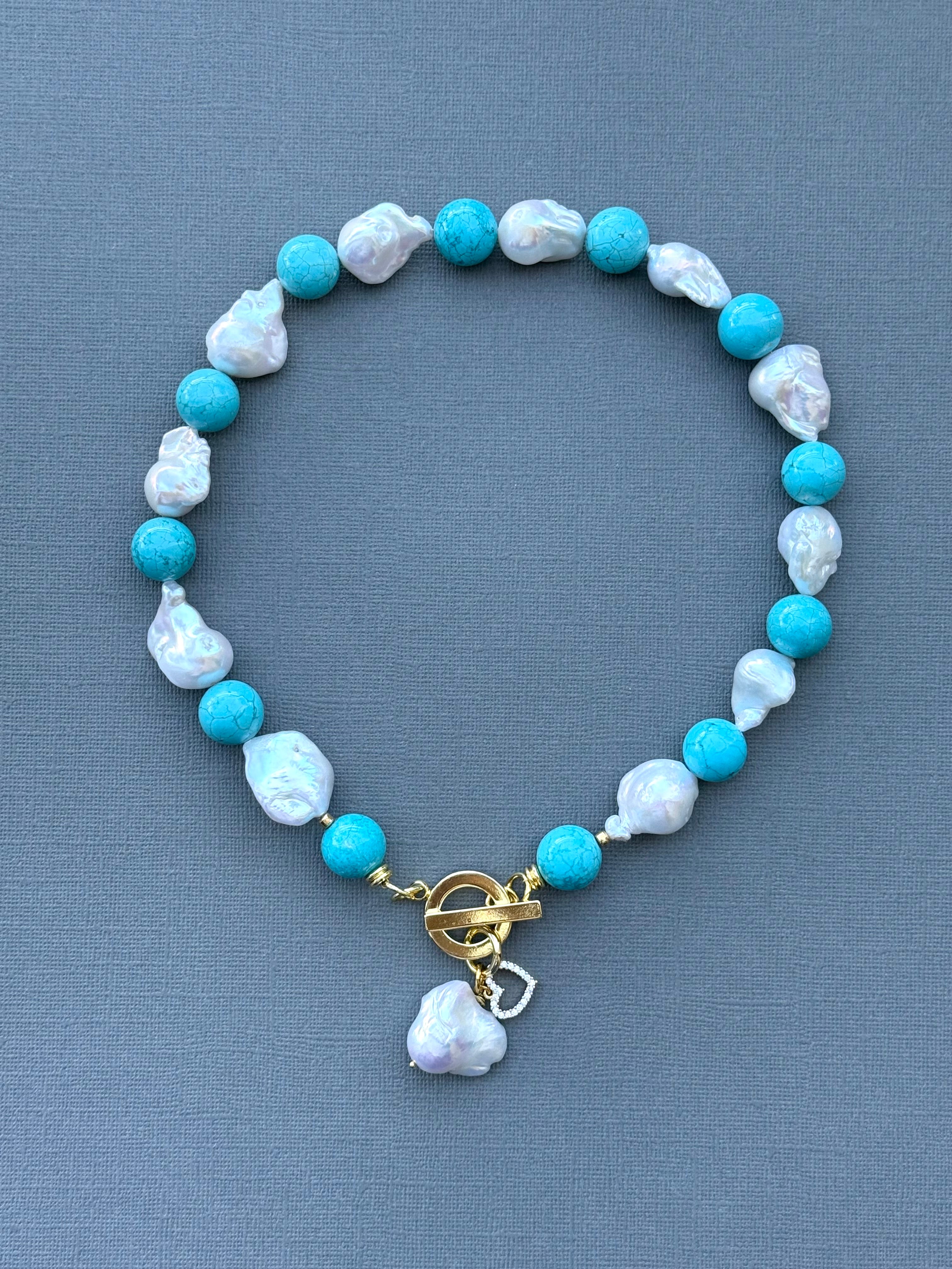 Baroque Pearl and Turquoise Necklace with a Love Drop