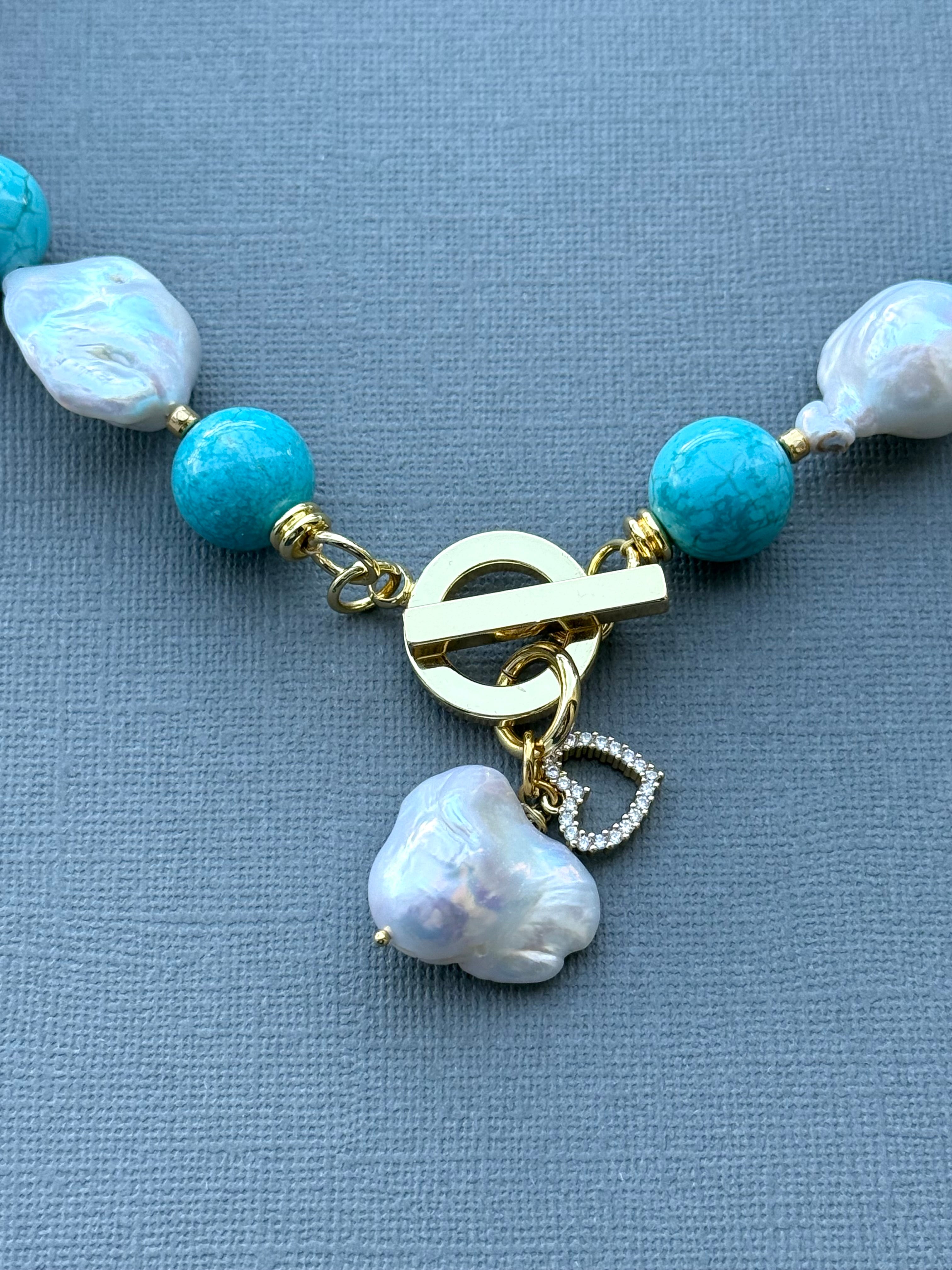 Baroque Pearl and Turquoise Necklace with a Love Drop