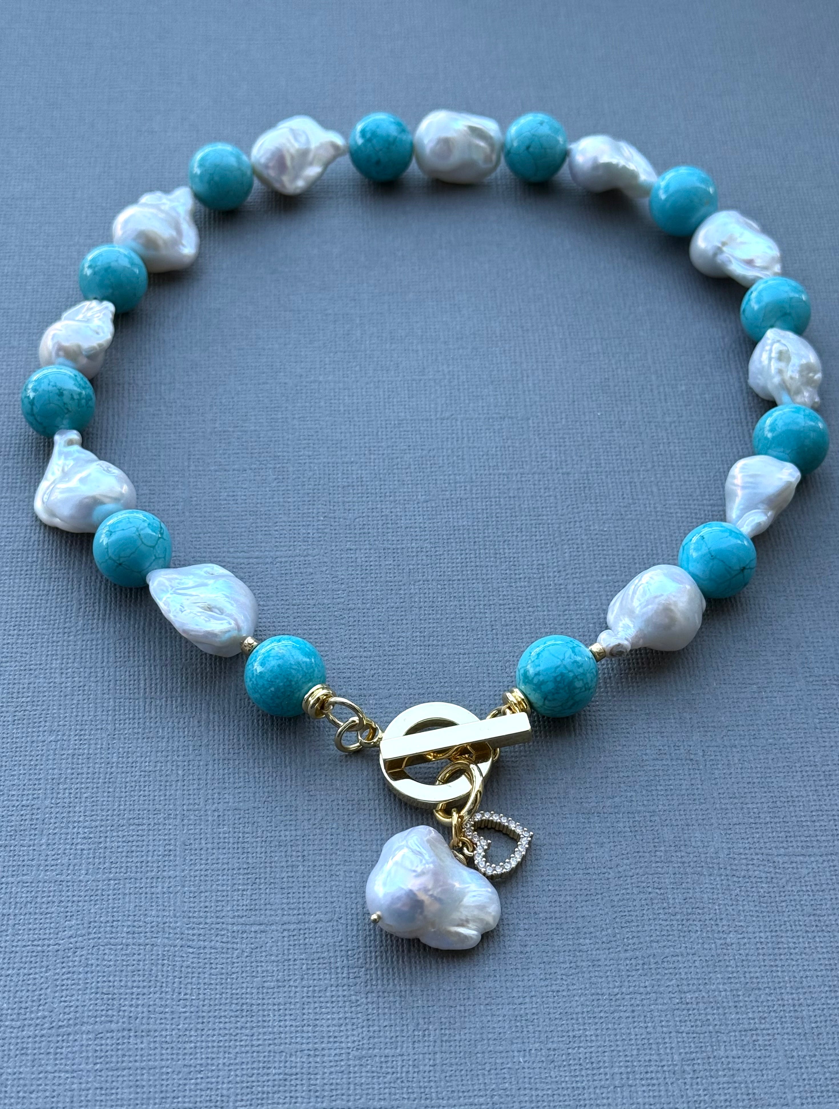 Baroque Pearl and Turquoise Necklace with a Love Drop