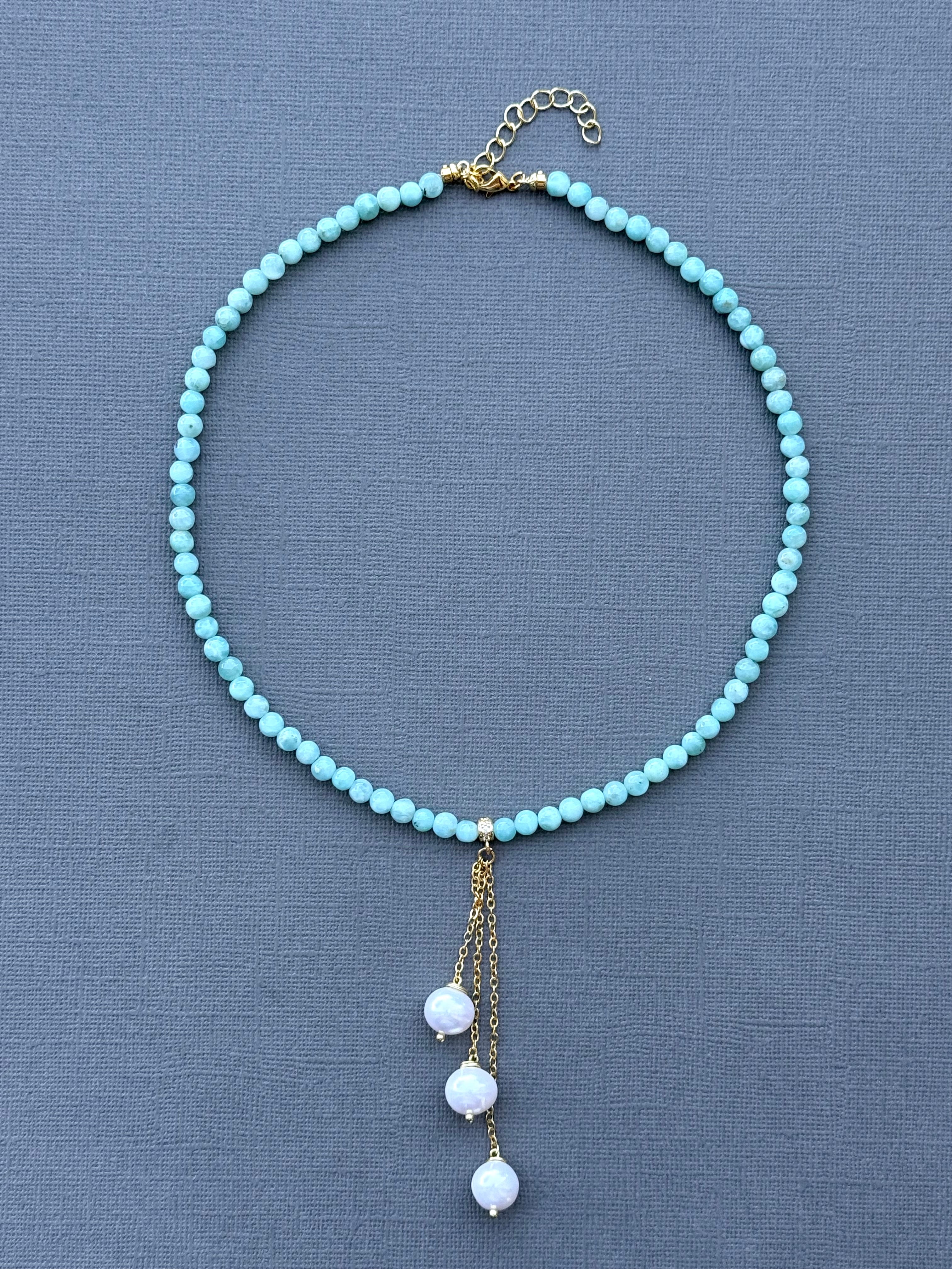 Larimar Necklace with Three Pearl Drops
