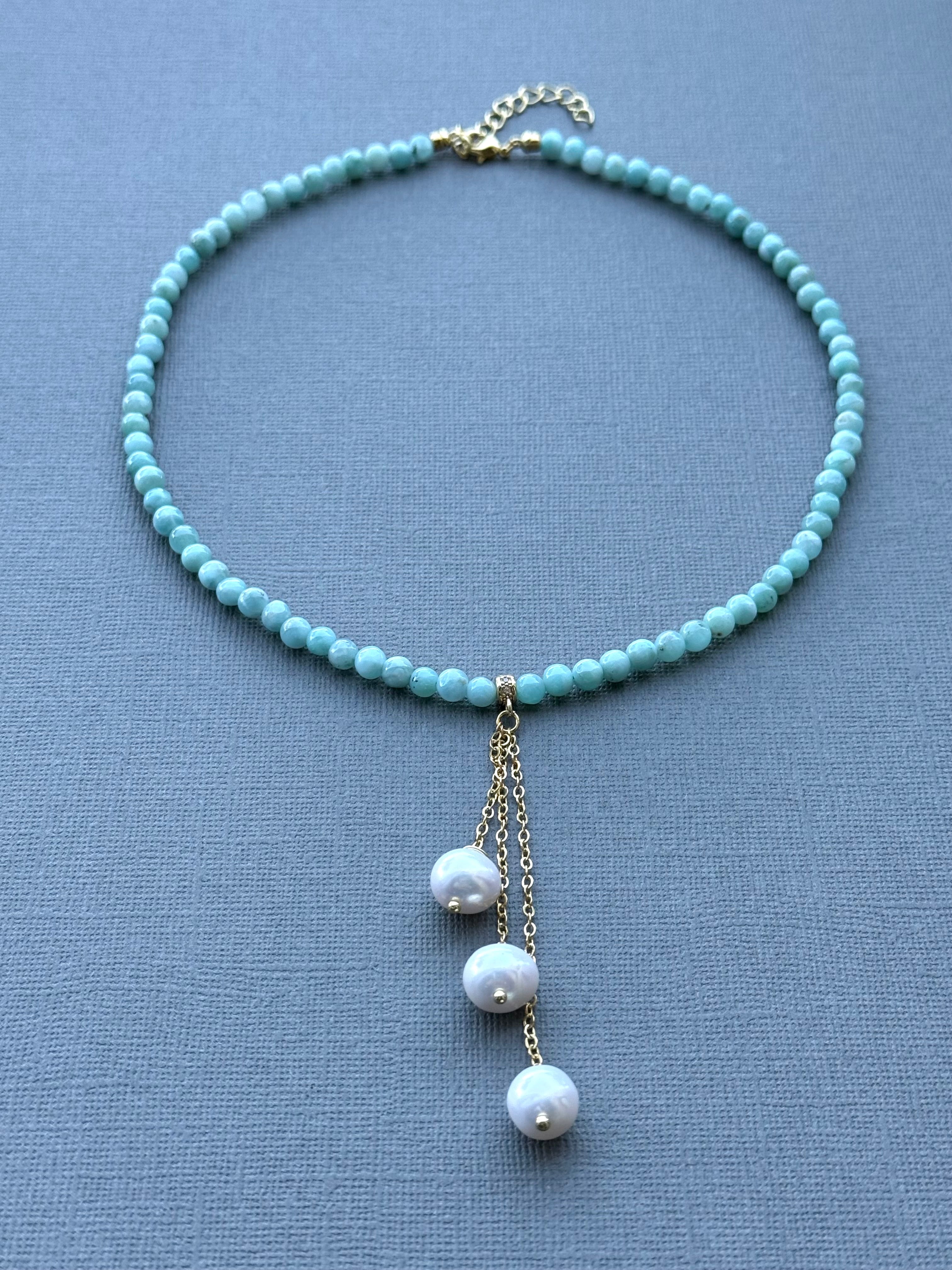 Larimar Necklace with Three Pearl Drops